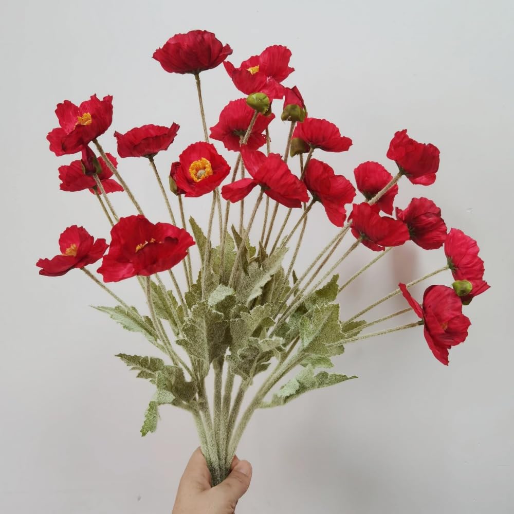 DODXIAOBEUL 6 Bundles of 22 inches Tall Red Poppy Flowers Artificial,Ranunculus Artificial Flowers,Faux Flower Stems for Wedding,Party, Outdoor Indoor