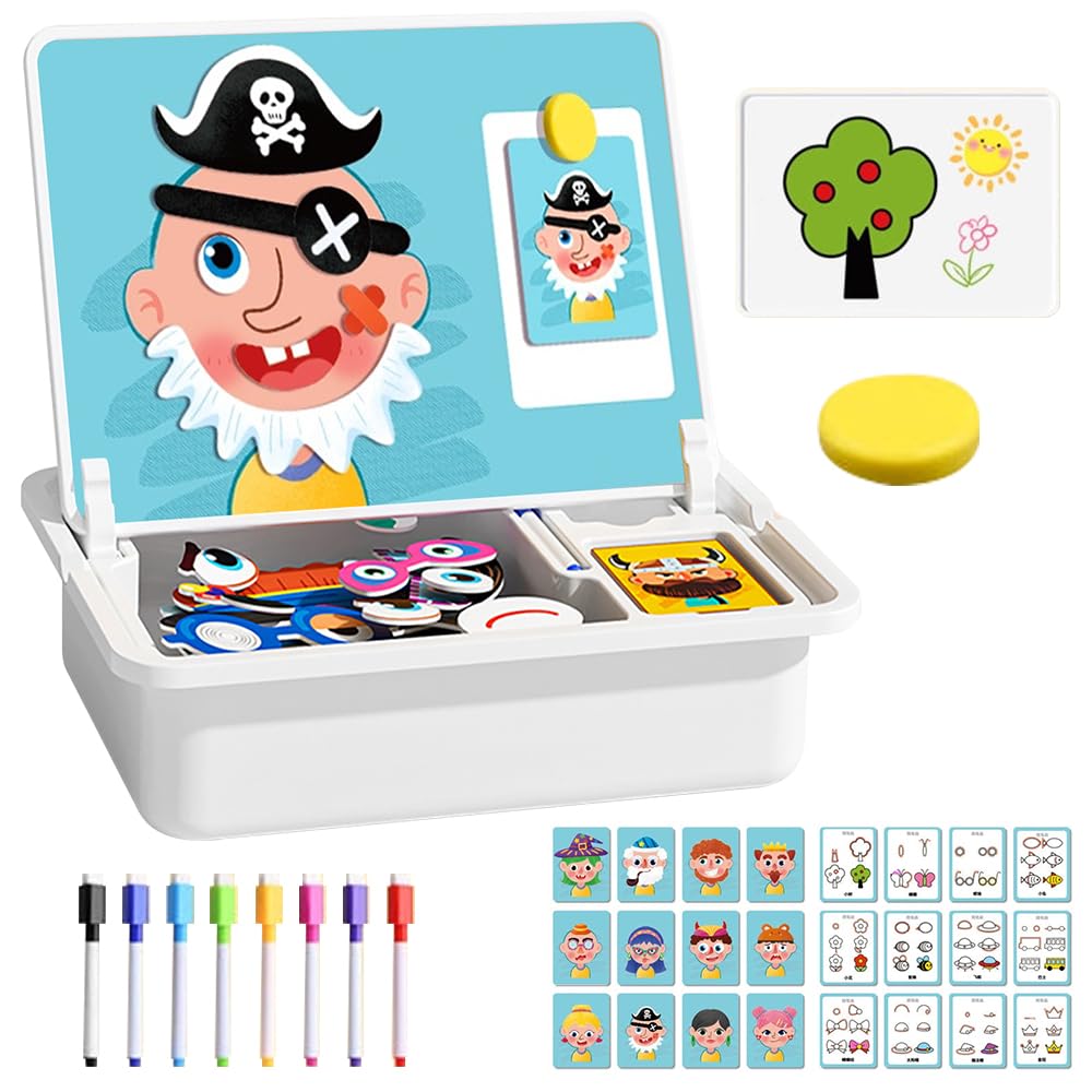 Magnetspiel, 3 In 1 Magnetische Puzzle für Kinder, Pädagogisches Magnetgeschenk Montessori Spielzeug mit Tafel 8 Pinsel 12 Karten Magnetisches Lernspiel Reisespiel ab 3 Jahre