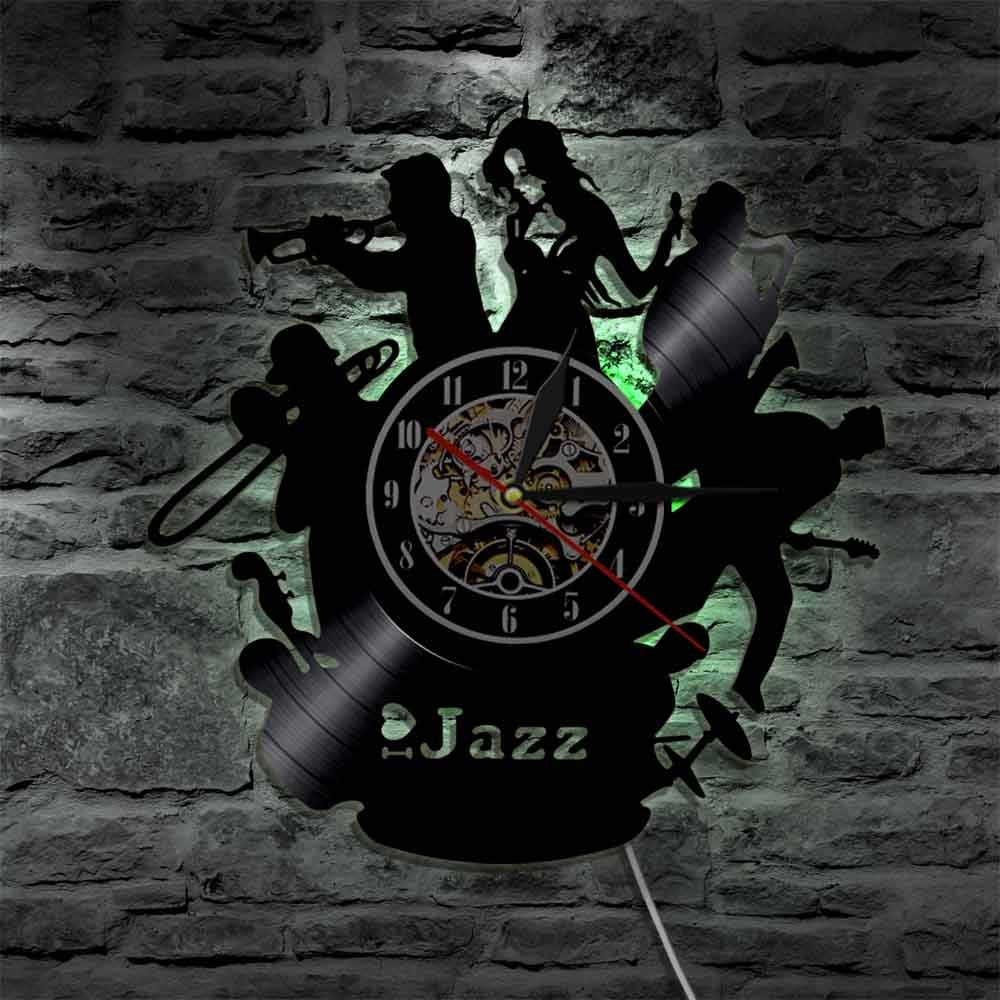 ELD Saksofon jazzowy zespół muzyczny zegar ścienny klasyczna muzyka jazzowa sztuka ścienna dekoracyjna płyta winylowa zegar ścienny miłośnik muzyki jazzowej prezent średnica 30 cm 7 kolorów zmienna