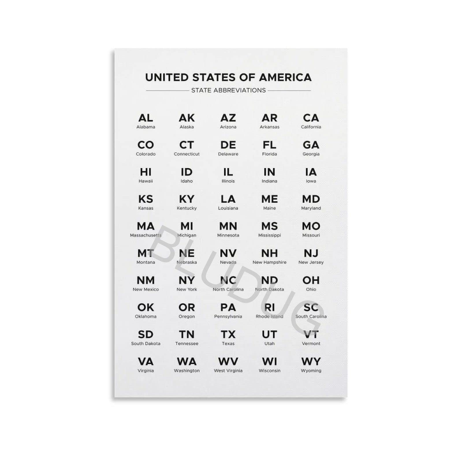 Amazon.com: 美國州縮寫清單A List 兩個字母縮寫名稱所有50 個州海報油畫海報和印刷品牆壁藝術圖片適用於客廳臥室裝飾20x30  英吋(50x75 公分) :