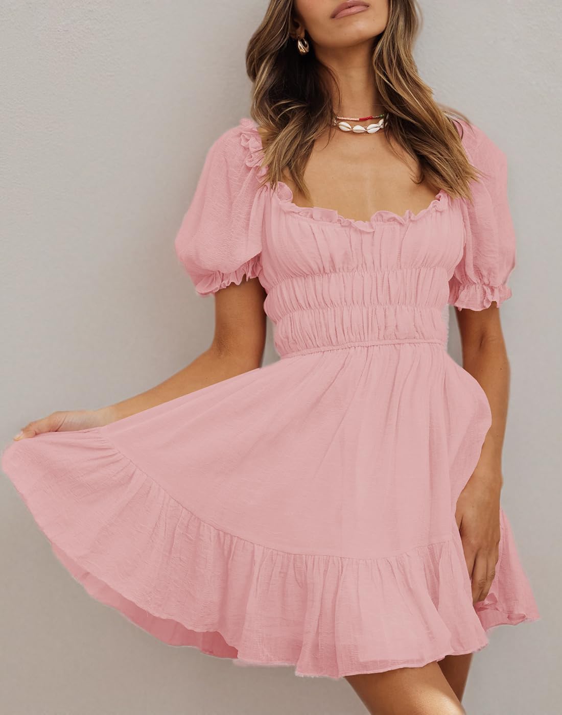 Women's Square Neck Puff Sleeve Mini Dresses Ruffle Elastic Waist A-Line Elegant Summer Casual Flowy Mini Dress - Image 6