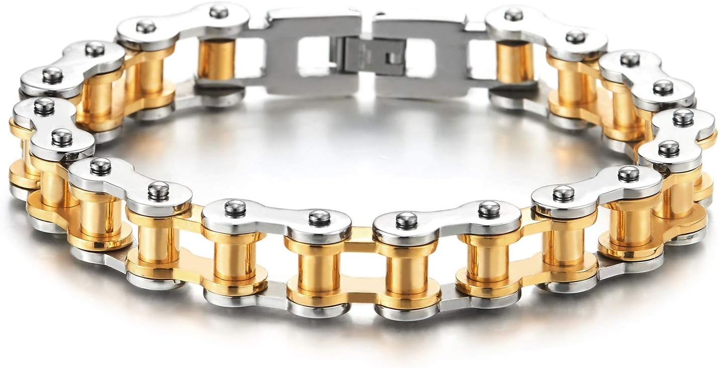 COOLSTEELANDBEYOND Ladies Mens Stainless Steel Motorcycle Bike Chain Bracelet with Buckle Clasp Polished