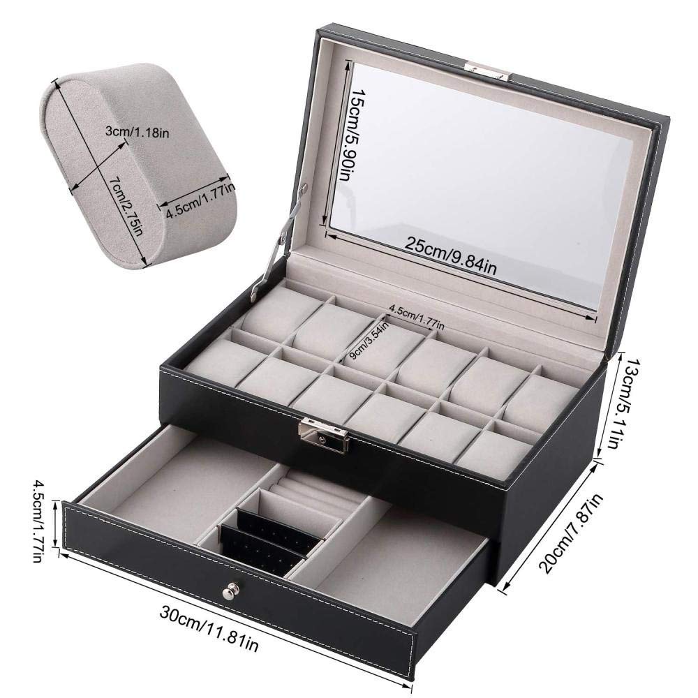 Caja de reloj con tapa de cristal para 12 relojes, joyería de doble capa, caja de almacenamiento para relojes, colección de cajas para hombres y mujeres, soporte organizador de regalo