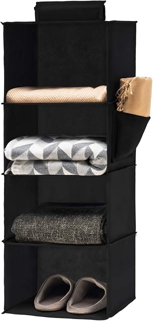 YOUDENOVA Hanging Shelves Wardrobe Storage Organiser 4 Shelves With Side Pocket Bedroom Storage Solutions for Clothes Shoes Black