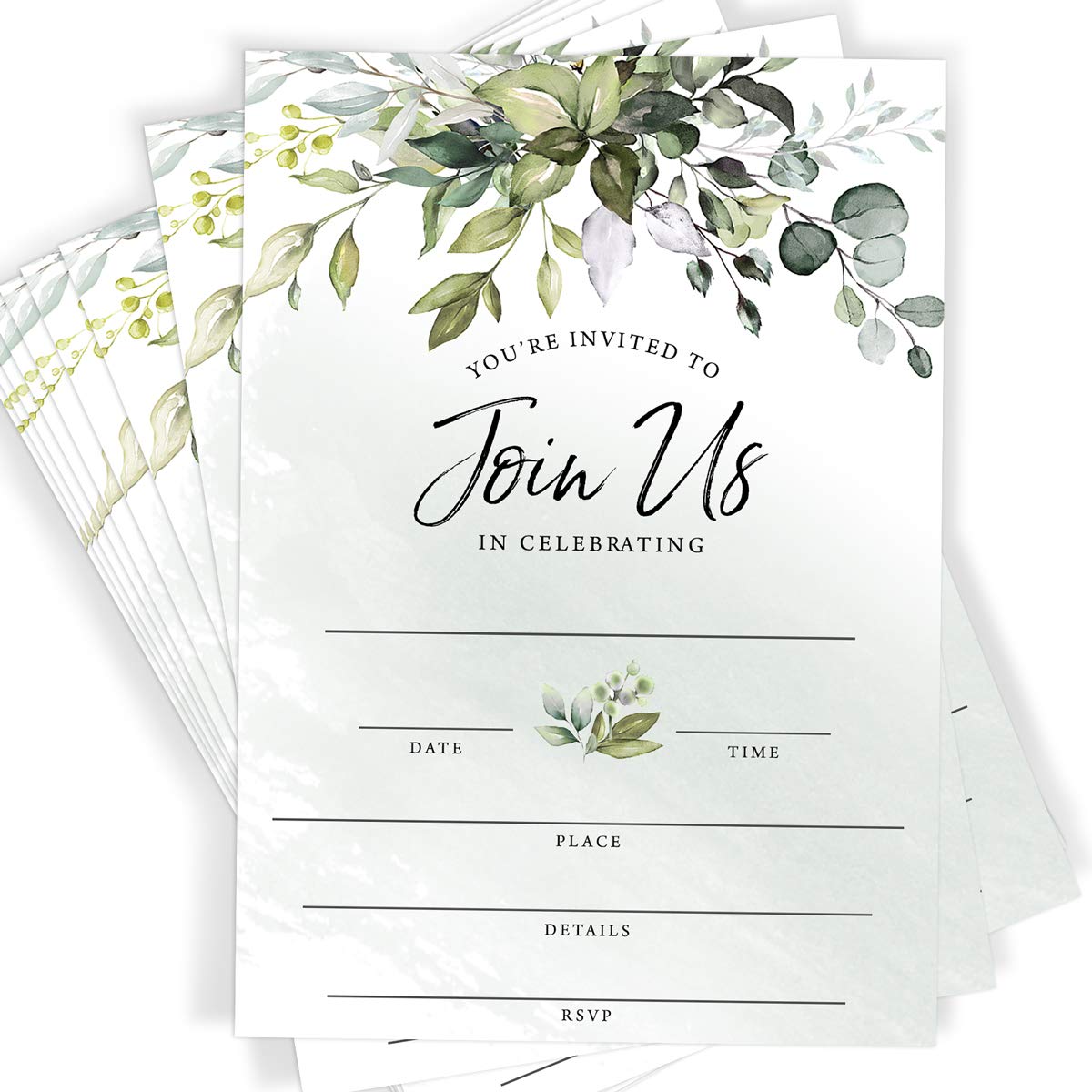 Printed Party Invitaciones y sobres rellenos, vegetación de eucalipto, juego de 25