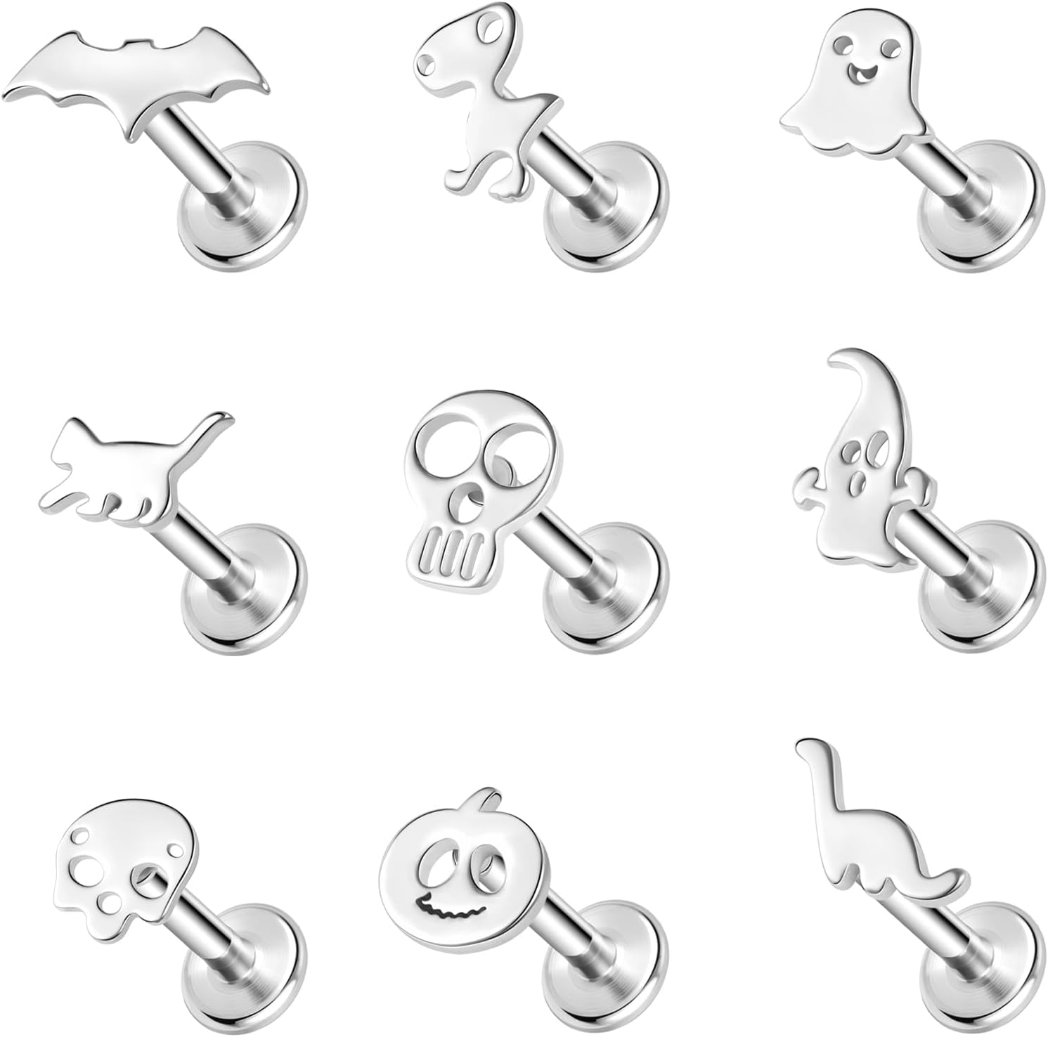 ZS 9Pcs 16G Halloween Lip Labret Studs, Stainless Steel Internally Threaded Jewelry for Conch Medusa Piercing, Black Bat Skull Ghost Forward Helix Tragus Earring for Women Men