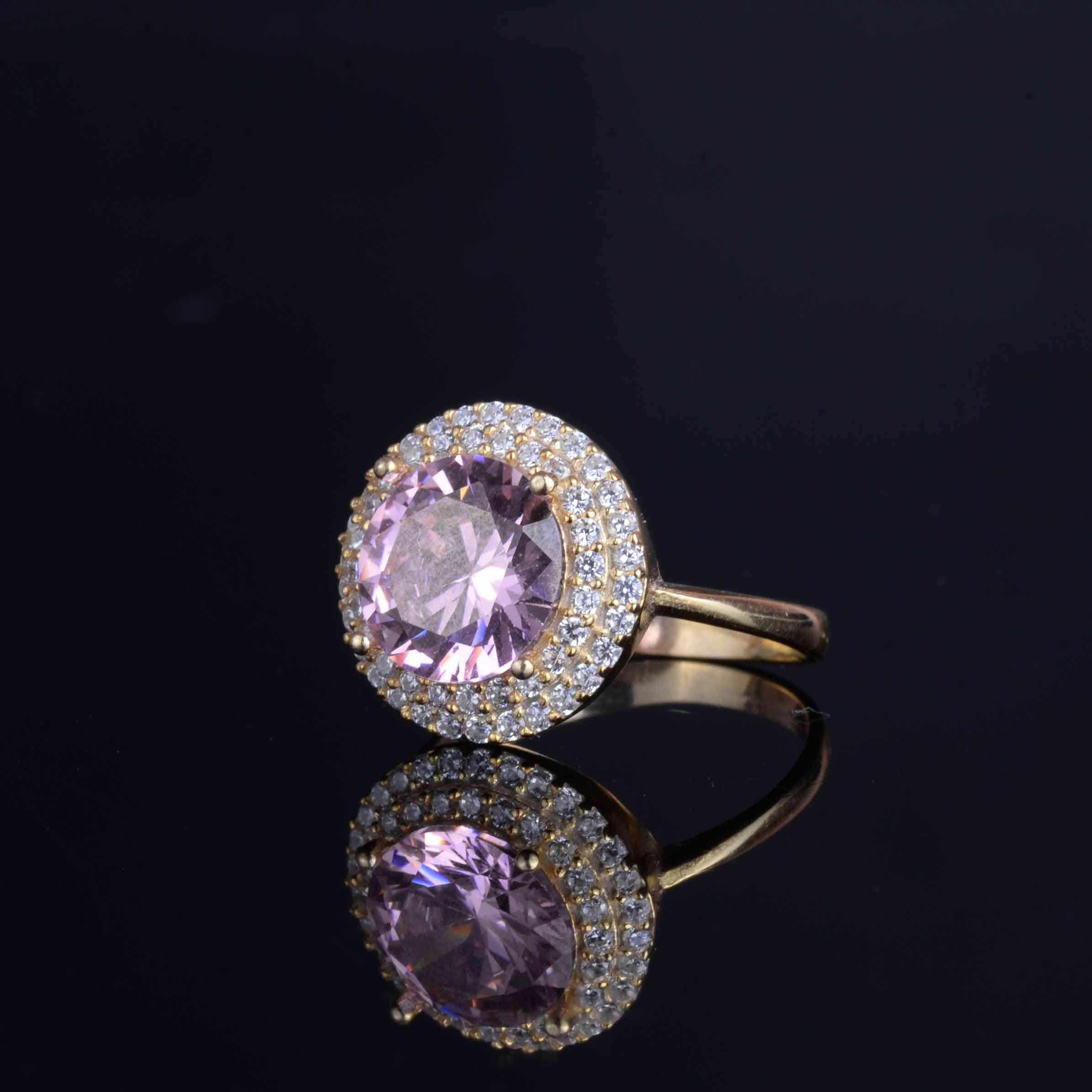 KAMBO Damen-Ring aus 925er Sterlingsilber mit rosa Stein, eleganter vergoldeter Ring mit glänzendem Halo-Design, Silber, ohne Edelsteine, Silber, Kein Edelstein
