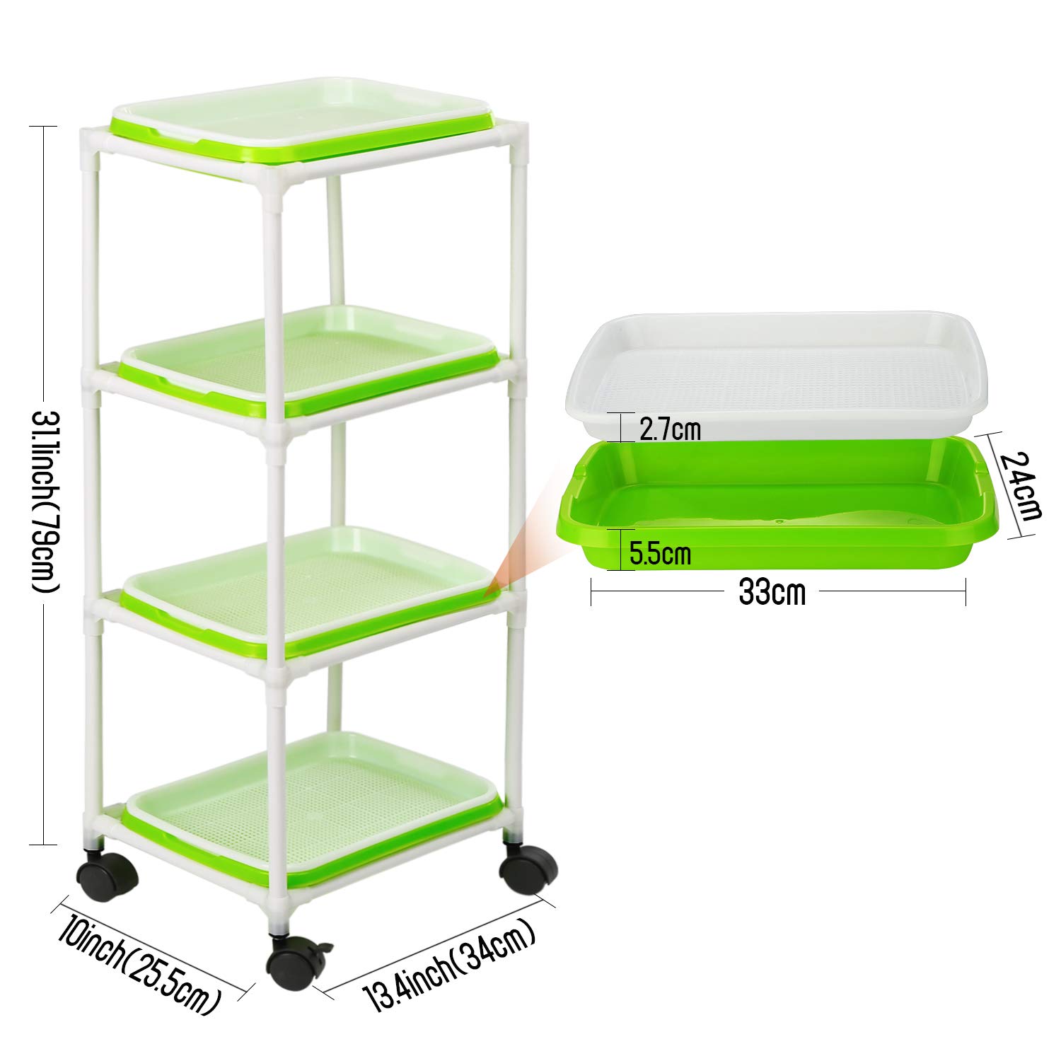 Tace do kiełkowania, taca do kiełkowania nasion 4 poziomy po 33 cm x 24 cm, wieża do kiełkowania z 4-warstwową plastikową półką, taca do kiełkowania nasion bez BPA do ogrodu i restauracji