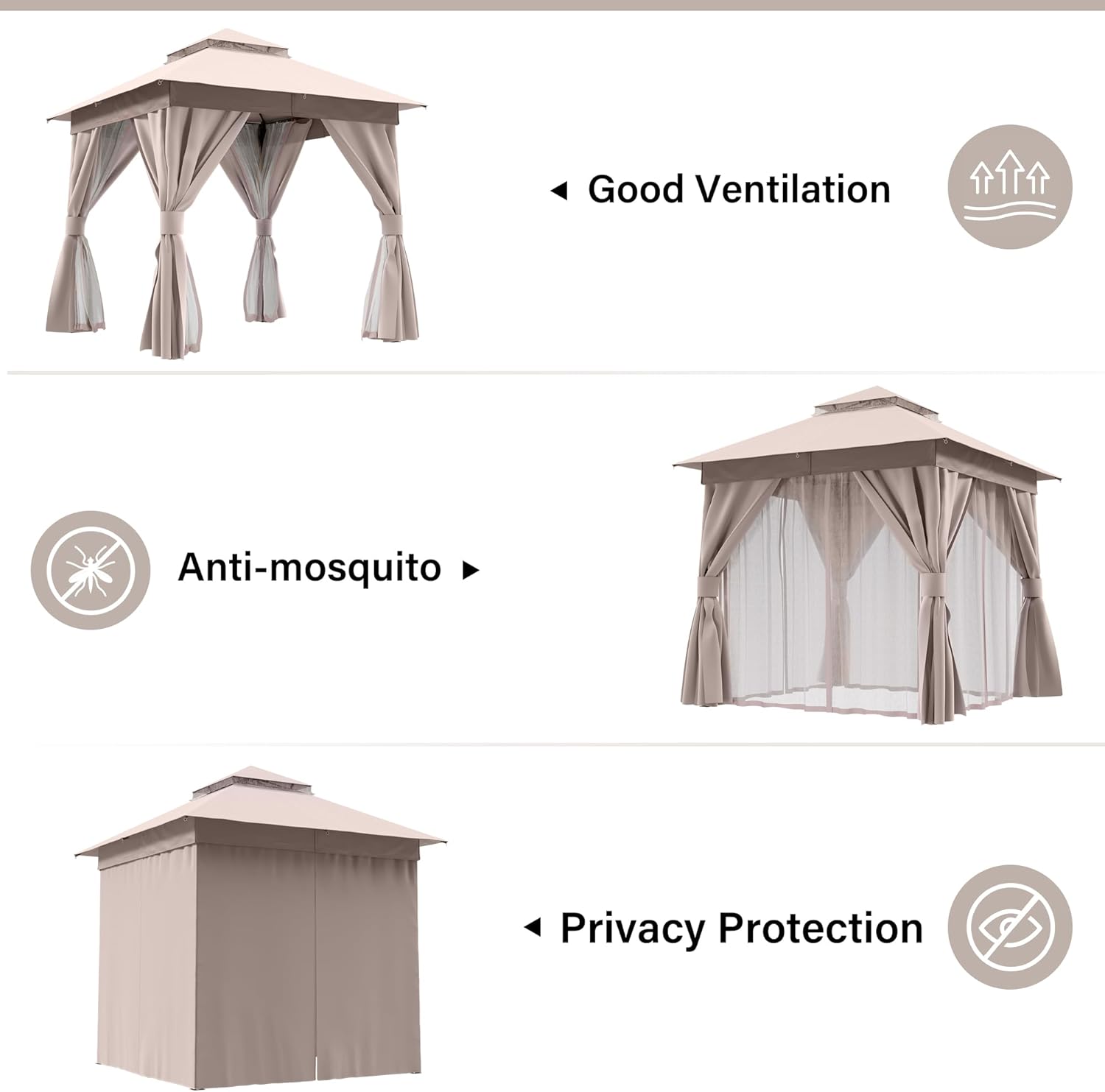 LAUSAINT HOME 8'x8' Outdoor Gazebo, Metal Frame Heavy Duty Patio Canopy Tent Shelter with Double Roofs, Mosquito Nettings and Privacy Screens for Backyard, Garden, Lawn, Khaki