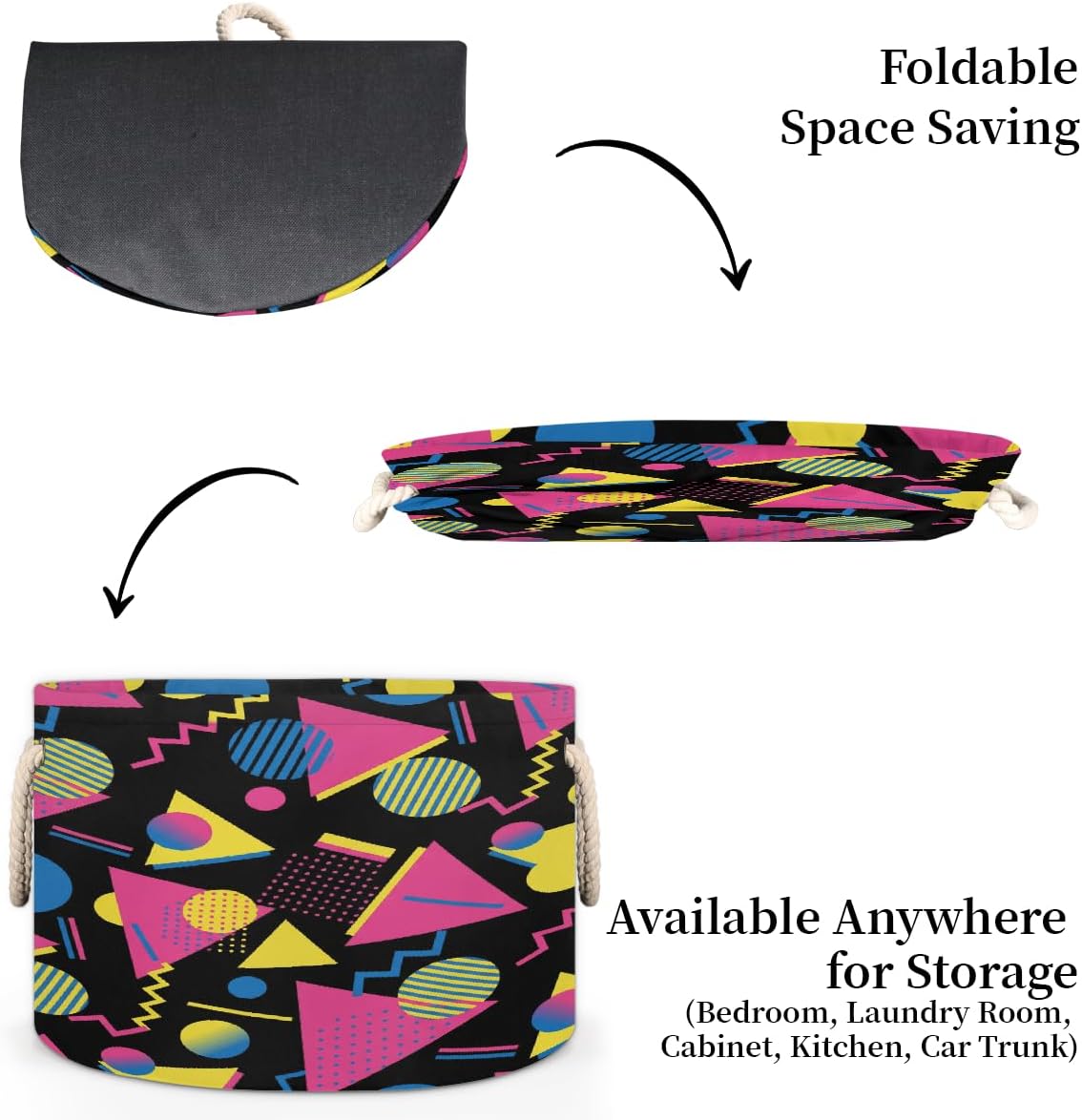 Large Storage Baskets - Retro 80s Nursery Round Collapsible Organizer Bin Box Laundry Hamper for Kids Toys, Blanket, Bedroom Living Room Home Decor, Gift Basket, 19.4"x13.3"