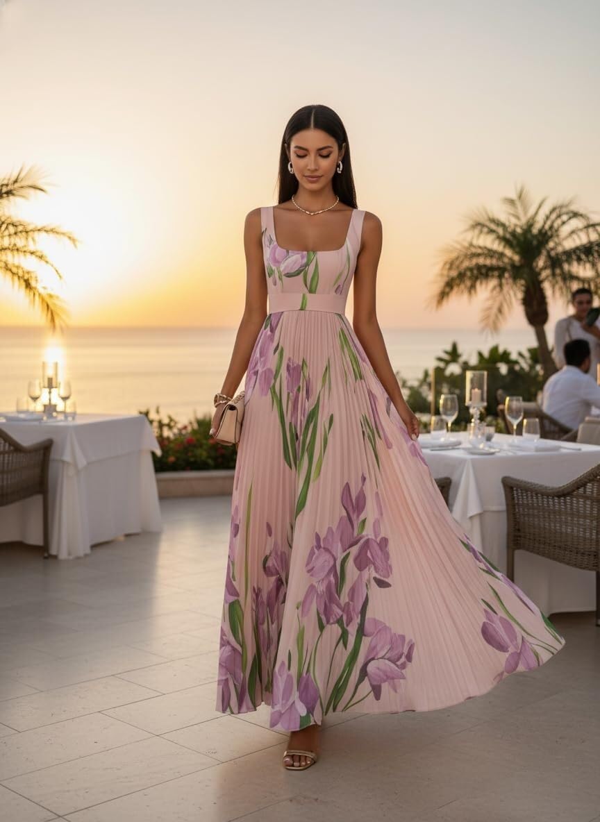Generale Vestito Lungo a Fiori Donna Senza Maniche con Scollo Quadrato, Modello Fluido a Taglio A Elegante, Perfetto Come Abito Invitata Nozze per Primavera, Estate e Vacanze