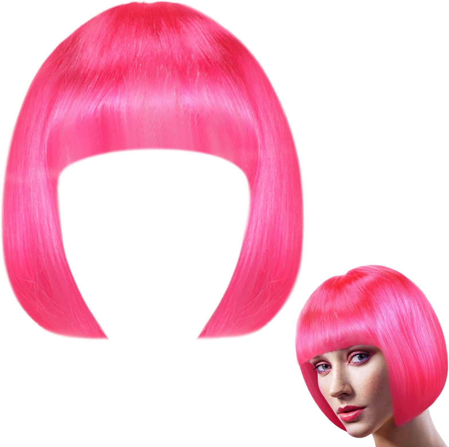 Luinabio 80s Pink Fancy Dress Wigs for Women Neon Short Bob Wig for Ladies 1980's Cosplay Party Wigs for Girls with Fringe Synthetic Dancing Party Bachelorette Neon Party Favor