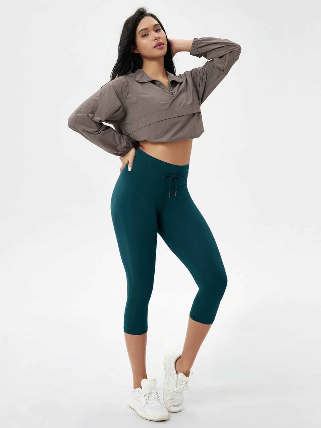 ODODOS Women's Drawstring Tie Capri Leggings 19" Inseam, High Waist Compression Workout Cropped Yoga Pants