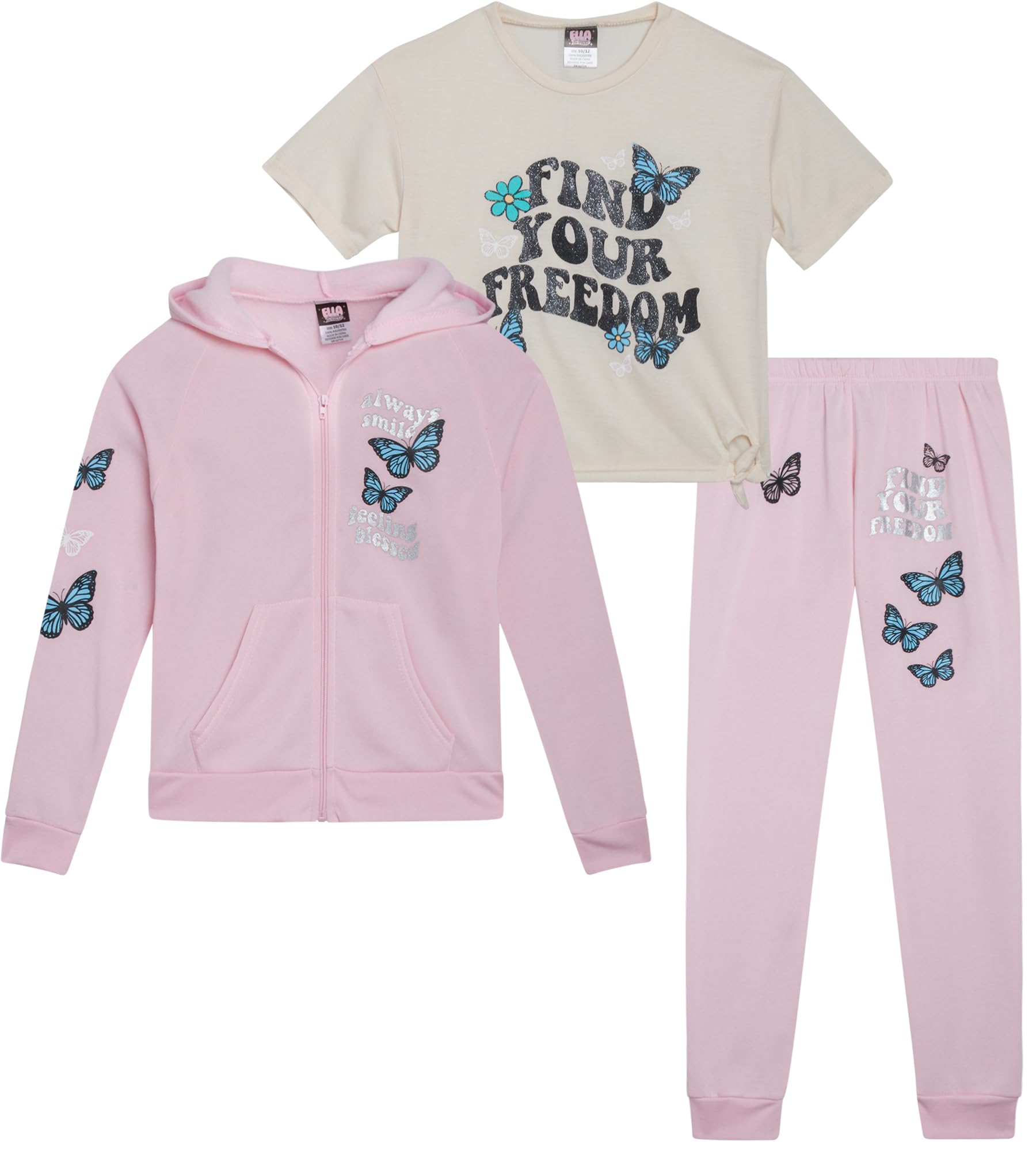 Girls Sweatsuit Set - 3 Piece Soft Fleece Zip Up Hoodie Graphic Tees and Jogger Sweatpants for Girls