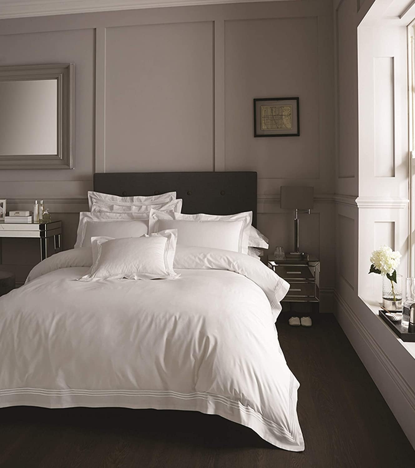 Plain Dyed Duvet Cover, Embroidered Border Bedding Sets King Size, Breathable Bed Covers, Devore White/White