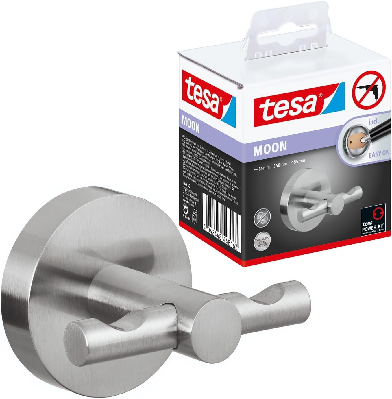 tesa Moon Percha impermeable, apariencia de acero inoxidable, autoadhesiva, tecnología de montaje adhesiva, 50 x 65 x 35 mm