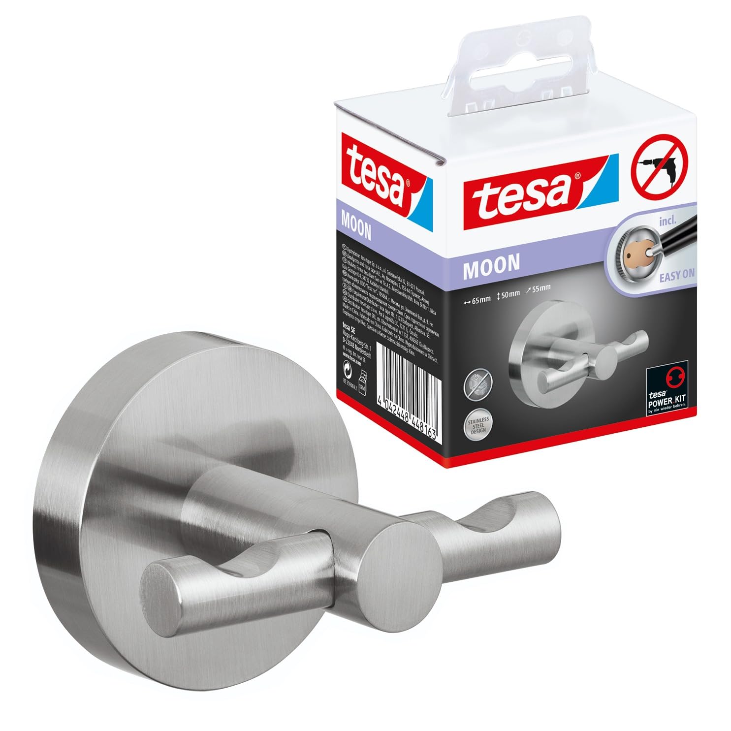 Tesa Uk Matt Tesa Moon Waterproof Hook, Stainless Steel Look, Self-Adhesive, Adhesive Mounting Technology, 65Mm X 50Mm X 55Mm