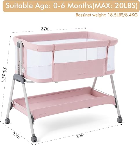 Miniatura 6 de ANGELBLISS Moisés para bebé junto a la cama, cuna portátil de plegado fácil para bebé niña con ruedas, altura ajustable, colchón incluido (rosa)