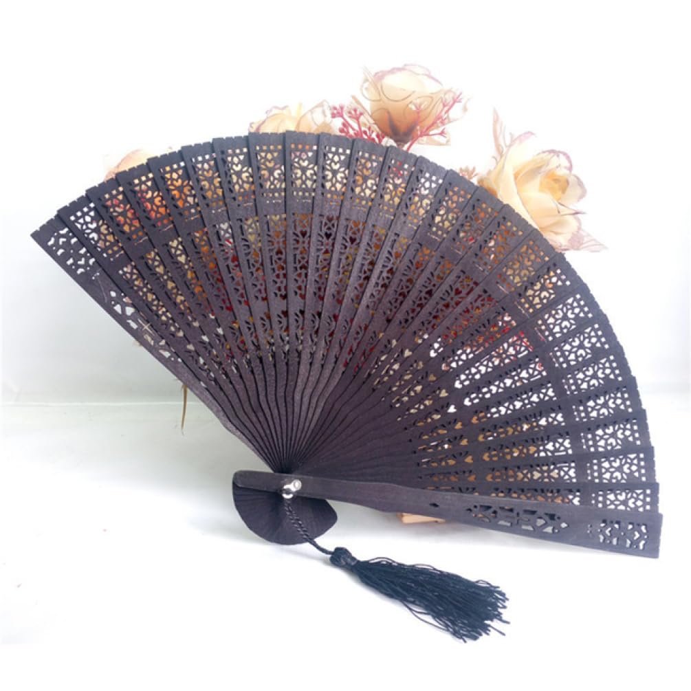 METTEOR Folding Fan 20cm Vintage Hollow Fan Wedding Hand Fragrant Party Carved Folding Wooden Fan Antiquity Folding Fan Decoration Tea Pot