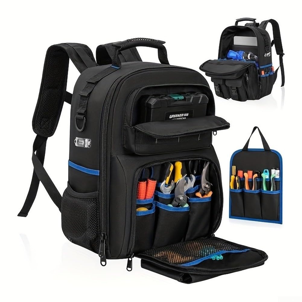 Mochila de herramientas con placa base móvil, bolsa de almacenamiento de herramientas de tela, organizador de herramientas de 11.8 x 6.3 x 15.7 pulgadas para herramientas manuales y equipos