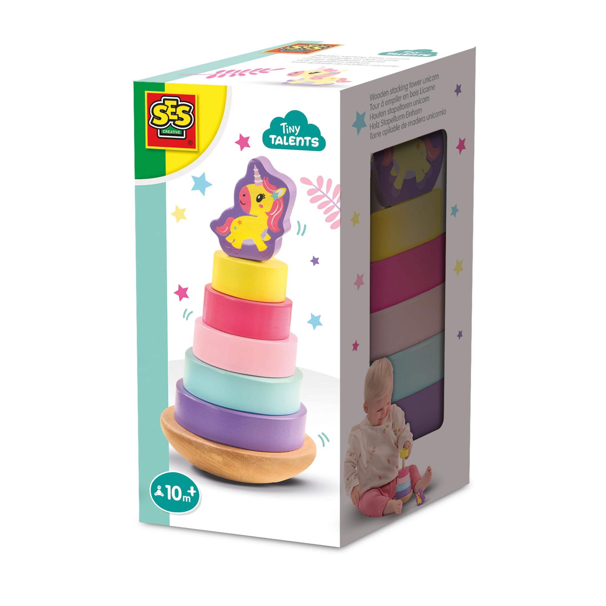 SES Creative 13252 Wooden Stacking Tower Unicorn - Educational Toy for Kids Aged 10 Months+ - Includes 5 Colorful Wooden Rings and a Fun Unicorn Figure