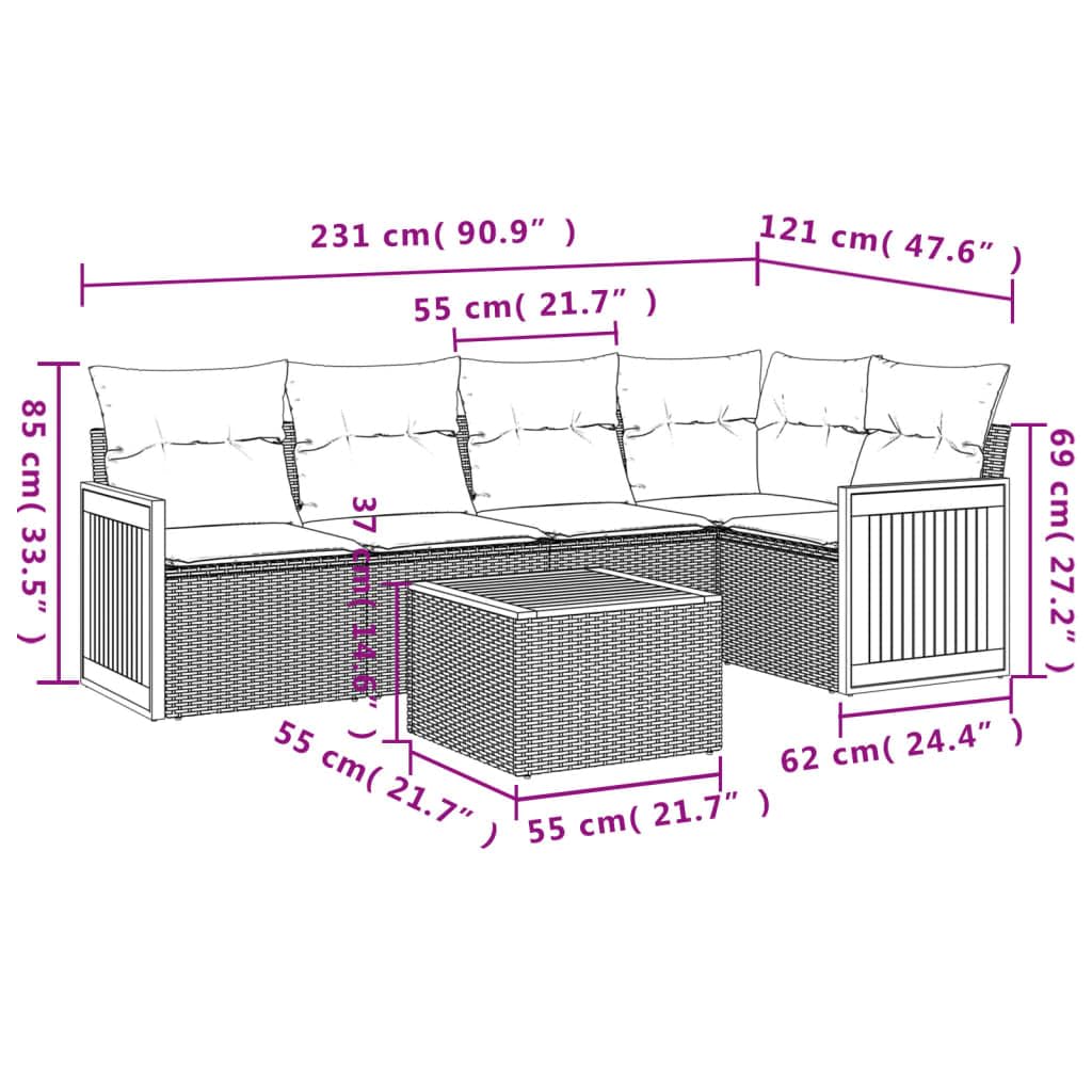 Salon Jardin modulable 6 pcs Beige en résine tressée avec Coussins, Table Basse en Bois d'acacia, Rangement intégré, idéal terrasse Balcon Patio pour Repas détente et Coin Lounge Convivial