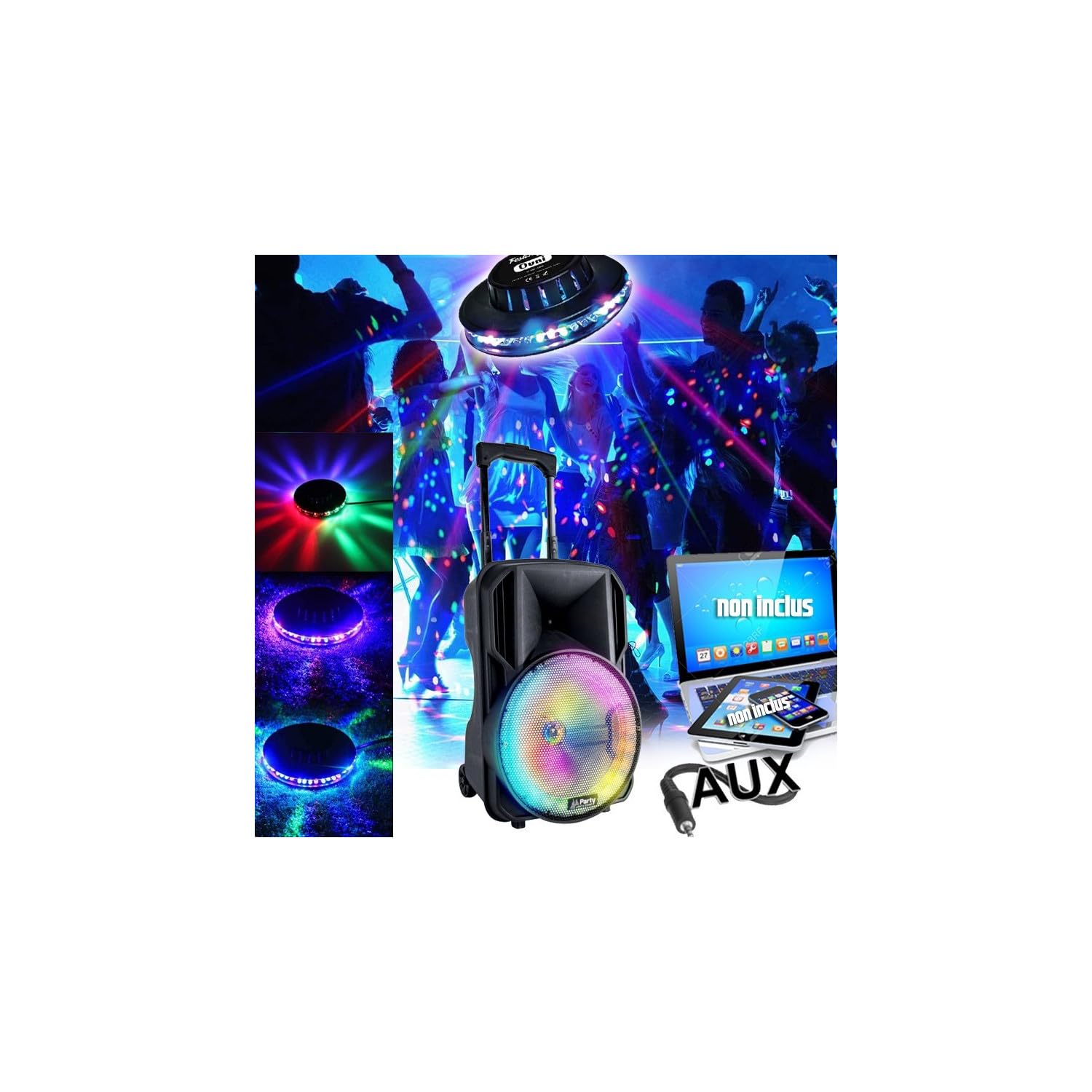 Enceinte Sono DJ PARTY10-RGB 10'' 400W avec USB, Micro SD, Bluetooth, Radio FM, Micro & TELECOMMANDE, OVNI, Karaokés, Fêtes