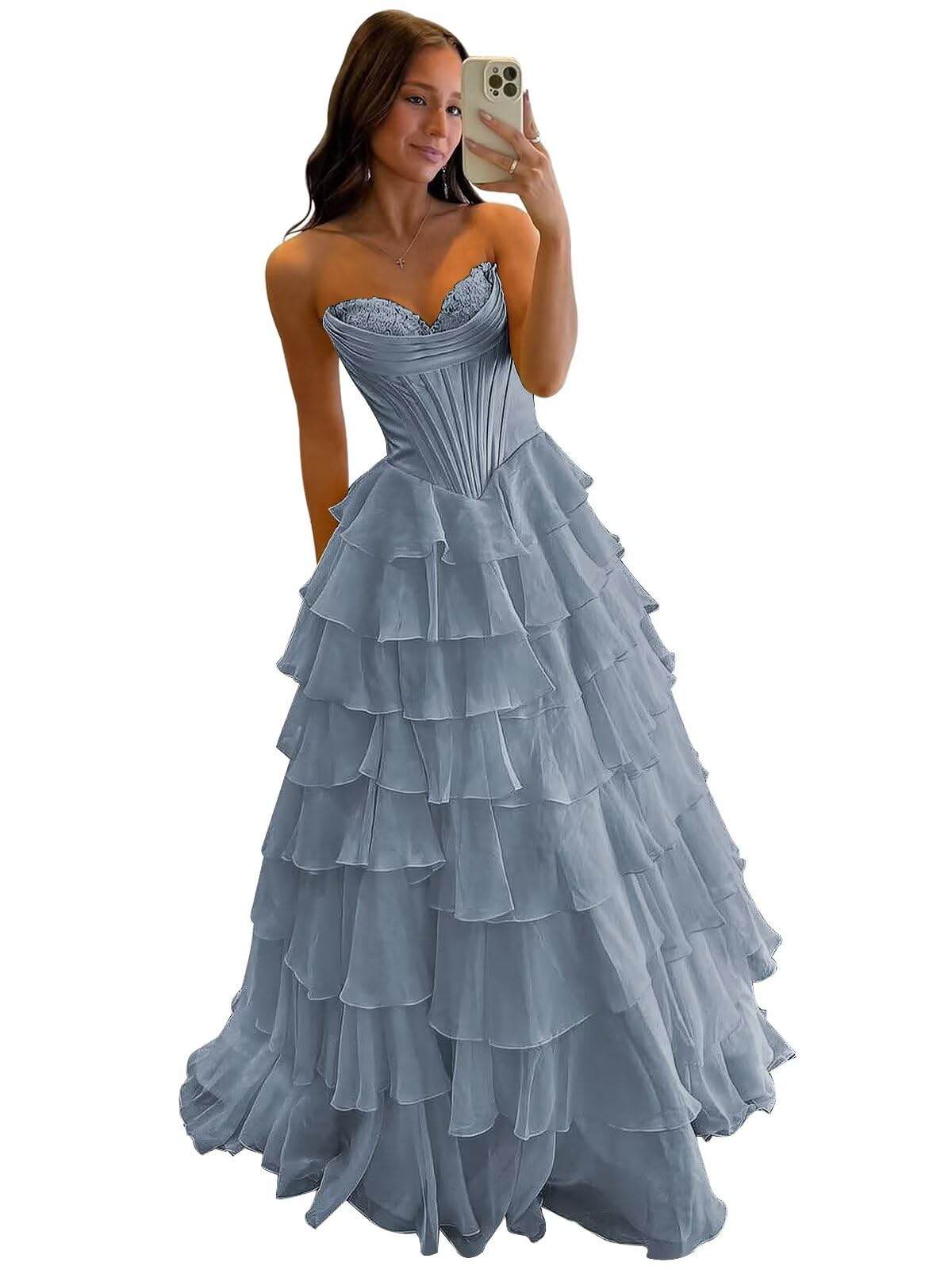 Strapless Corset Prom Dresses for Women 2025 Long Tiered Ruffle Chiffon Formal Evening Gowns with Slit