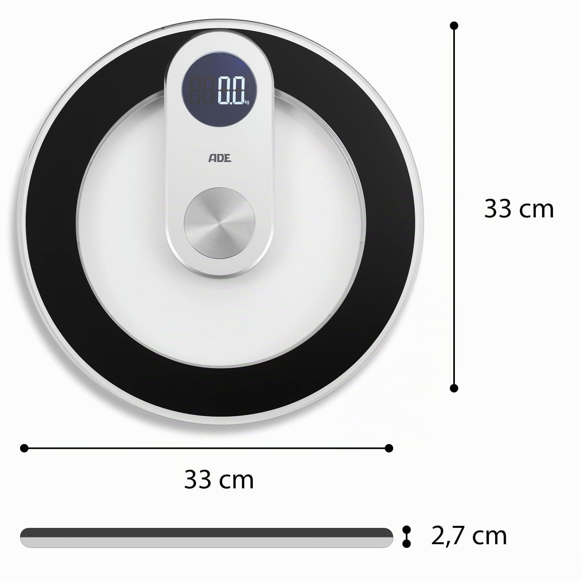 ADE Pèse-personne numérique en verre | résultats très précis | éclairage LED bleu stylé | écran LED | corps rond sans coins ni bords | jusqu'à 180 kg