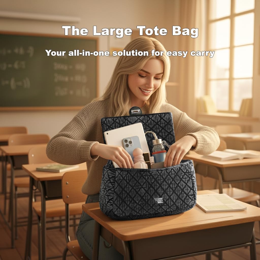 Quilted Denim Purse for Women, Large Capacity Vintage College Style Shoulder Bag Denim Tote Bag, Chain Crossbody Bag - Image 3