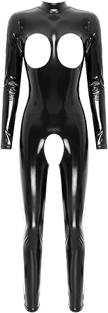 Womens Patent Leather Bodysuit Zipper Catsuit Clubwear Mock Neck Full Body Suit Costume