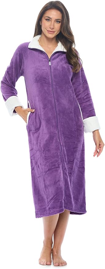 Casual Nights Womens Housecoat Zip Robe, Fleece House Coat Duster Lounger Dress with Pockets