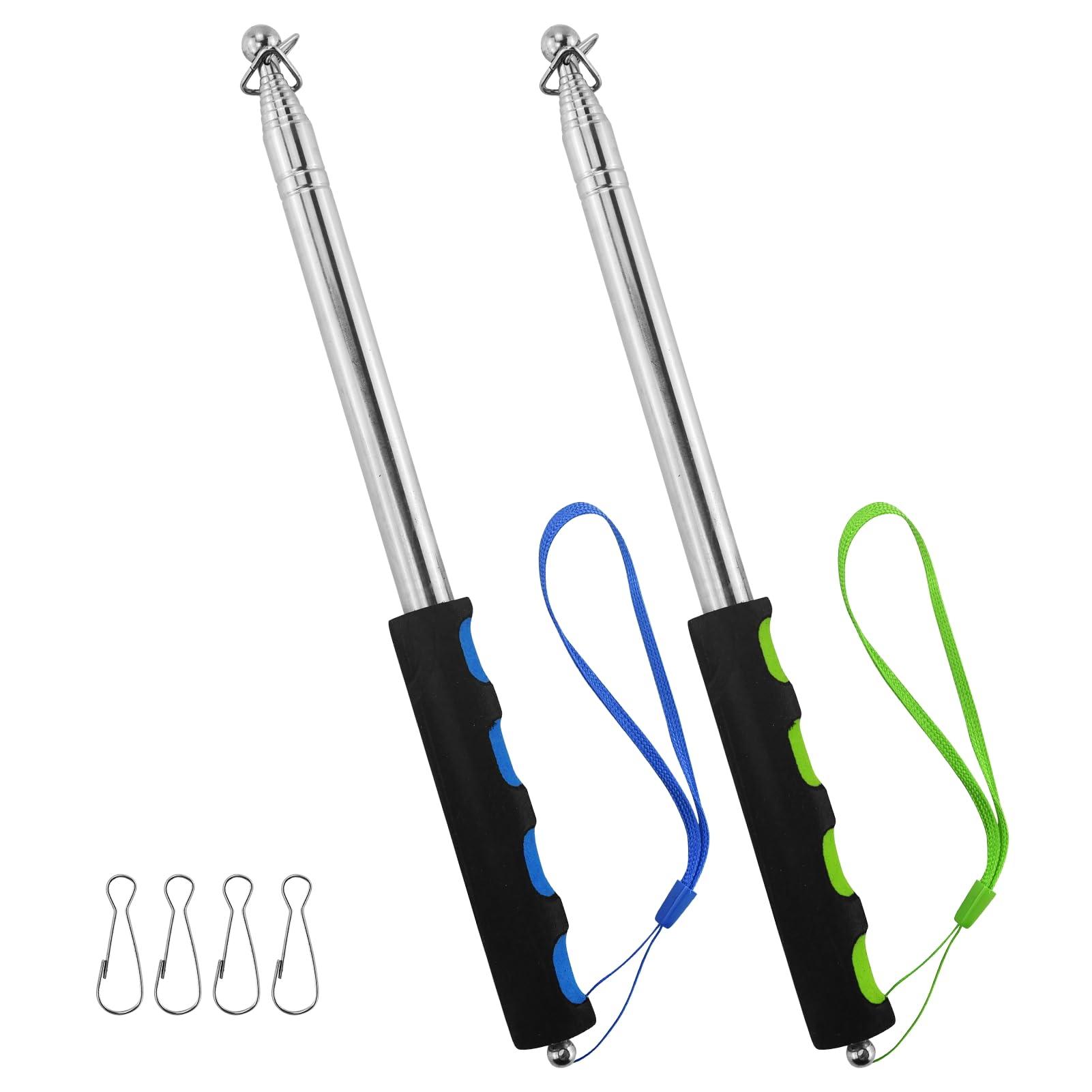 EASYKEENECOM 2 Stück Teleskop Fahnenstange, 2m Handheld teleskop fahnenmast Edelstahl mit 4 Clips Haken, teleskopstab Fahnenstange Ausziehbar für Reise Camping Reiseleiter Lehrer (Blau & Grün)