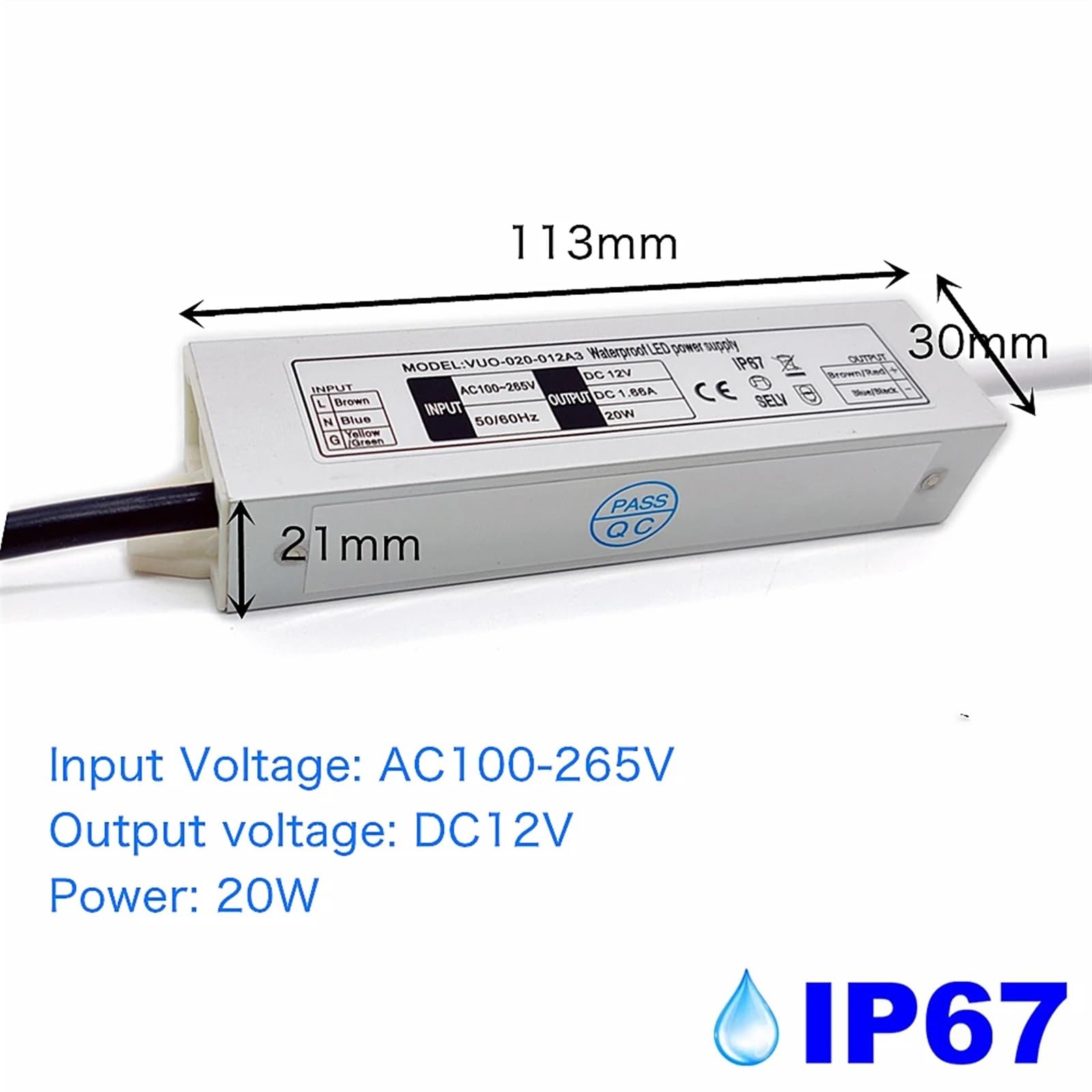 Driver LED impermeabile IP67 12W 20W 36W Alimentatore LED Ingresso 12V CC AC100-240V Illuminazione di potenza(12V 1.6A)