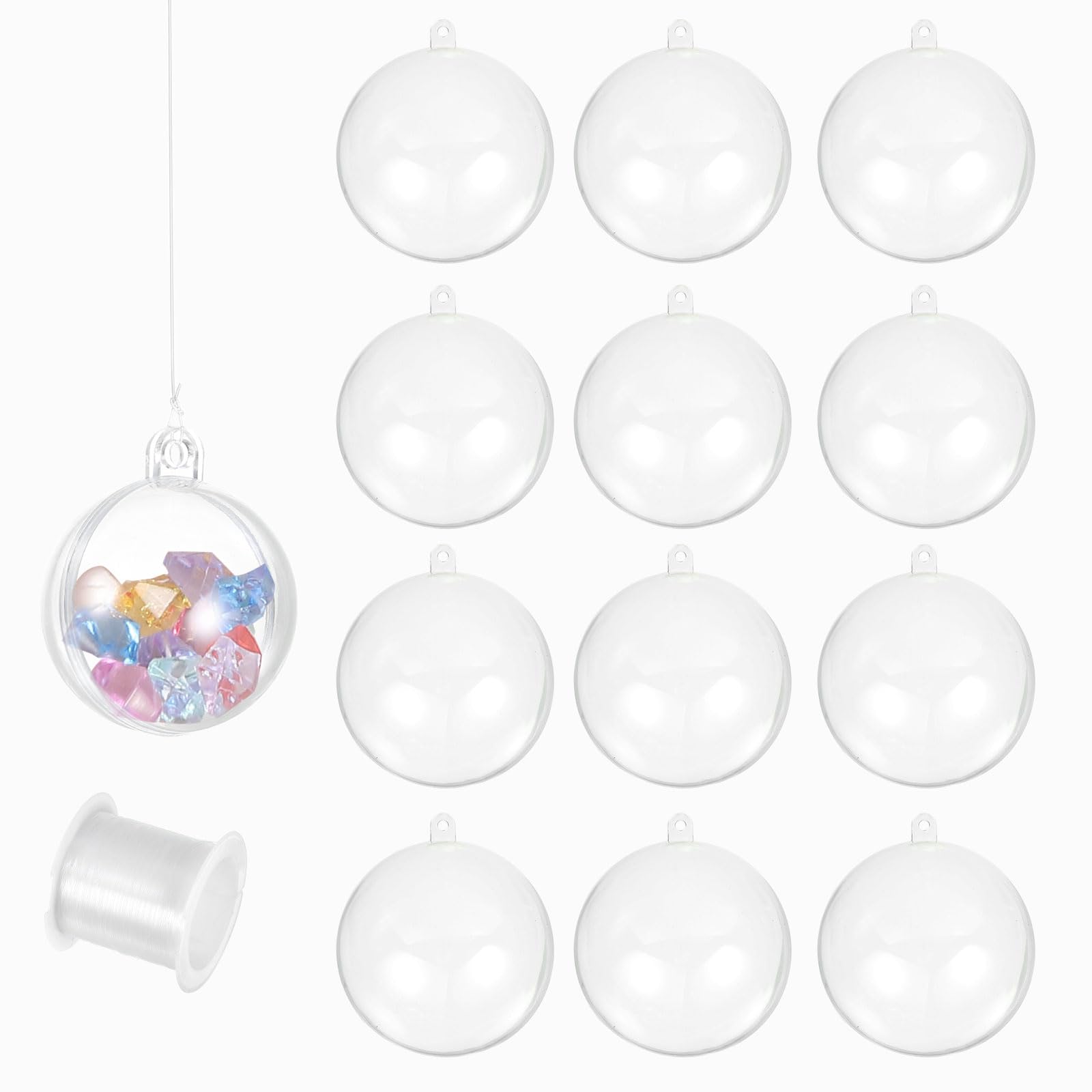 MECCANIXITY Bola de adorno de plástico transparente de 3.1 pulgadas de diámetro con alambre, 12 piezas rellenables de acrílico para colgar adornos de Navidad para árbol de Navidad, fiesta, boda