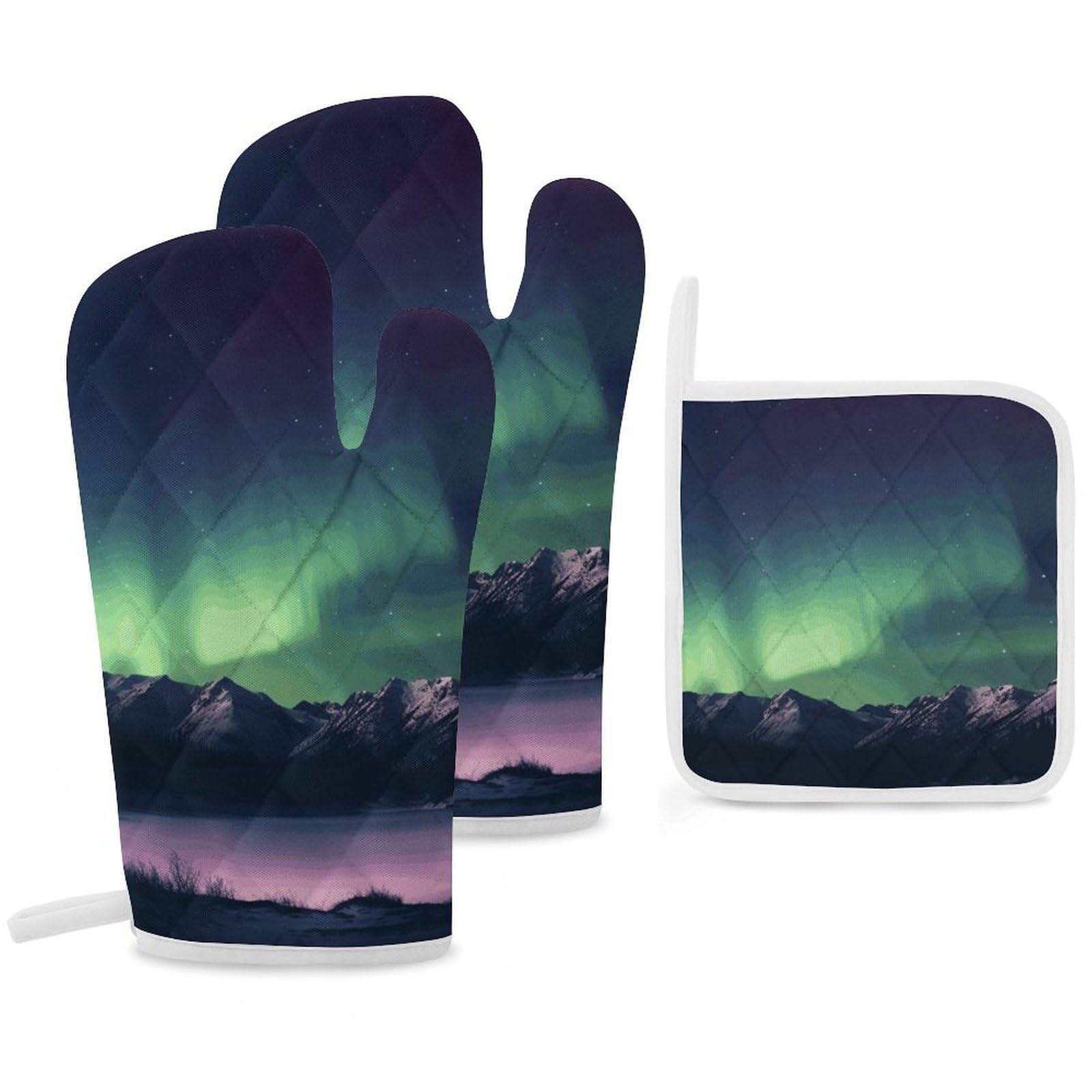 Ensemble de gants de cuisine et maniques amusants Northern Aurora Night résistants à la chaleur