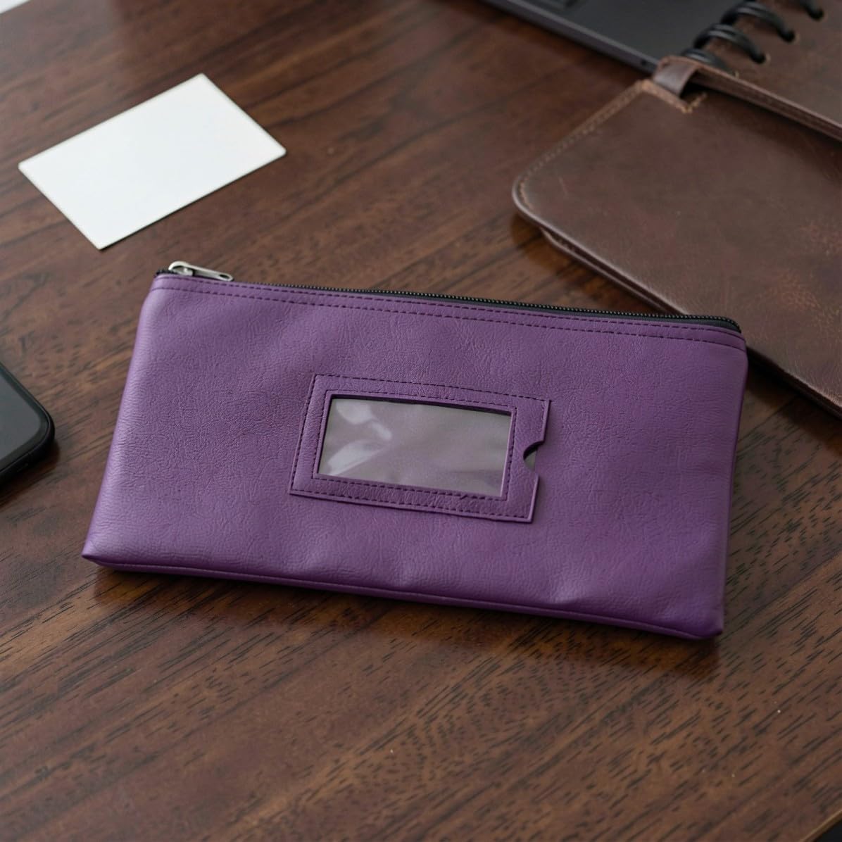 Purple Zippered Bank Deposit Bag PU Leather 11x6 Portable Storage