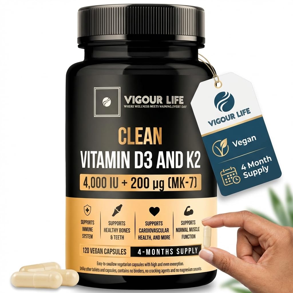 Clean Vitamin D3 K2 4000IU 200mcg – 120 Vegan Capsules, 4 Month Supply, High Strength Vitamin D & K2 MK7 for Bone, Heart & Immune Support – Additive Free, No Binders or Cracking Agents