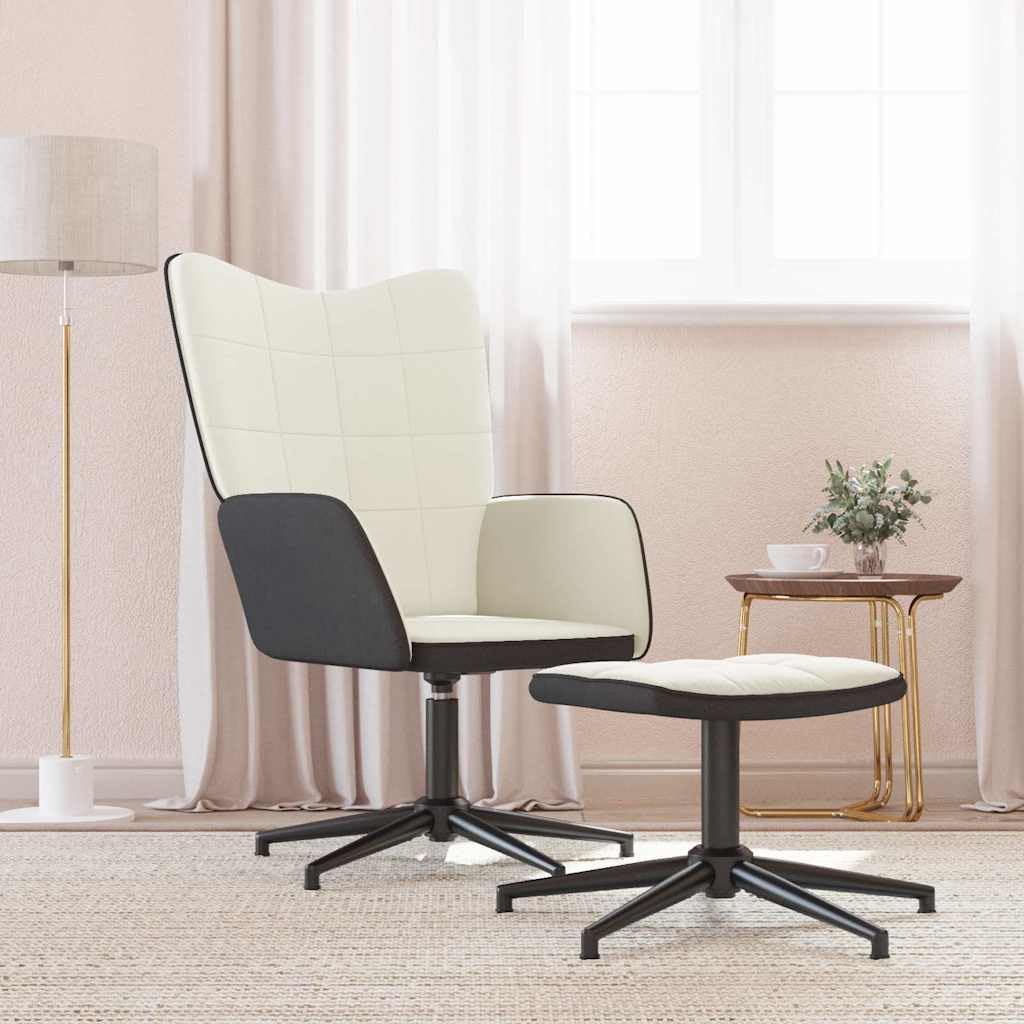Fotel relaksacyjny, kremowo-biały, z taboretem z aksamitu i PCW, obracany o 360 stopni, fotel tapicerowany ze stalowym stelażem, 62 x 68 x 98 cm, do salonu i sypialni