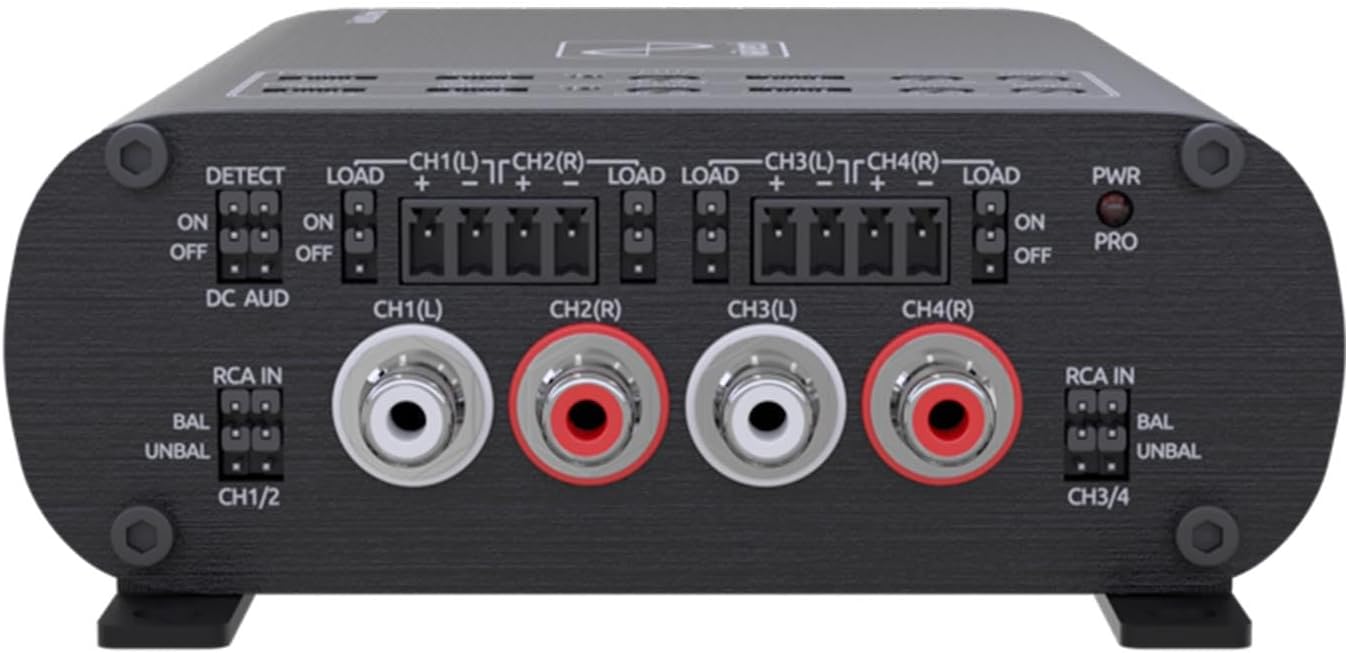 Front view of Wavtech link300.4mini amplifier showing RCA and high-level inputs