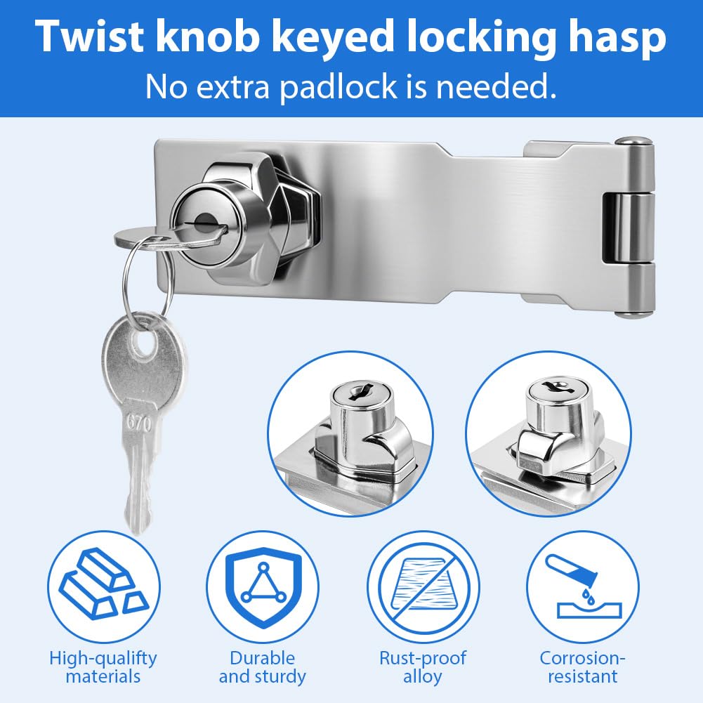 Flintronic Keyed Hasp Lock, 4 Inch Door Lock Hasps with 2 Keys, Safety Door Clasp Twist Knob Keyed Locking hasp - Image 3