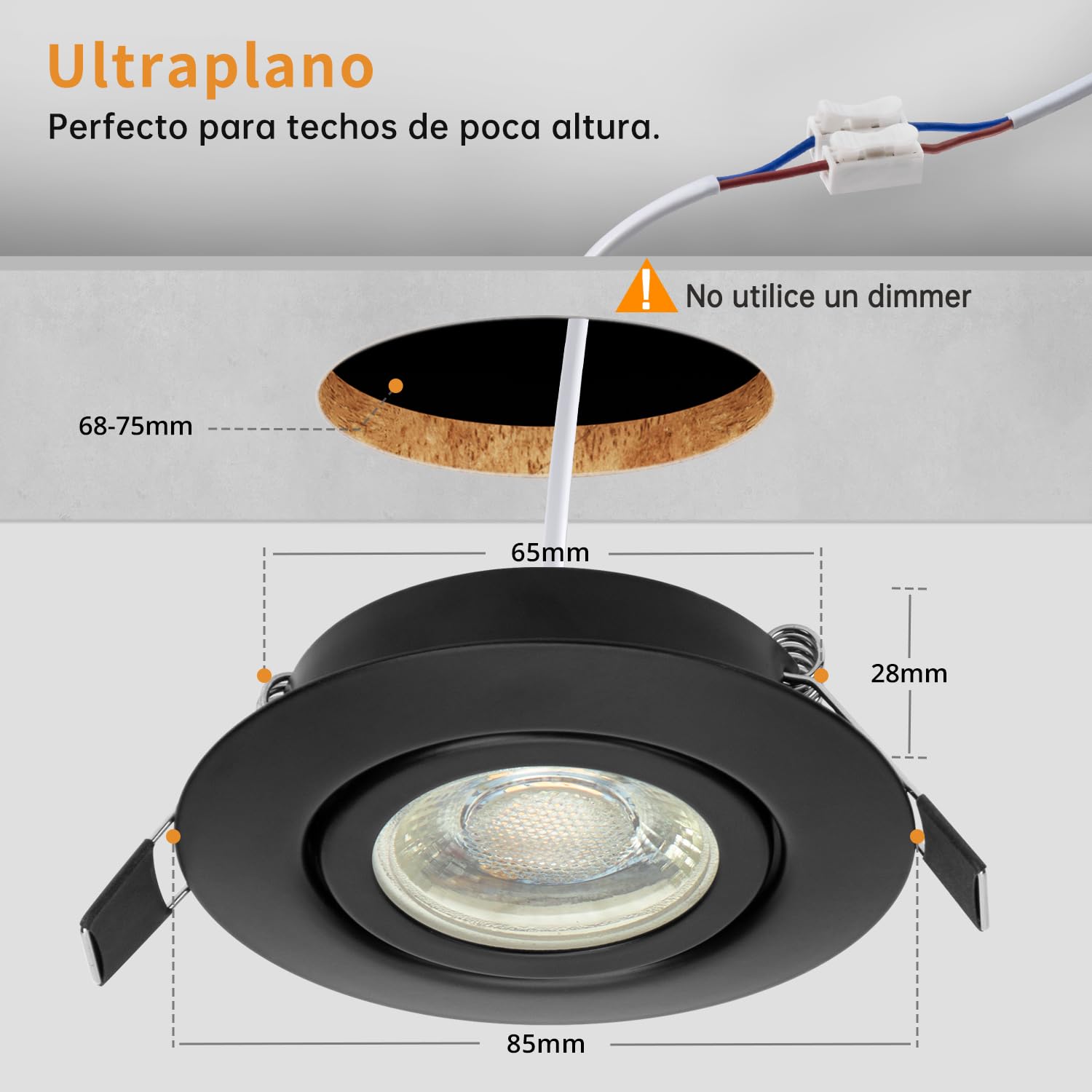 wowatt Downlight LED Empotrable Techo Negro Regulable 7W 2800K, Pack 10 | Bianca Calida 700LM 230V Metal Foco Empotrable Techo Rotable, IP44 Ojos de Buey LED Extraplano para Baño, Corte 68-75mm