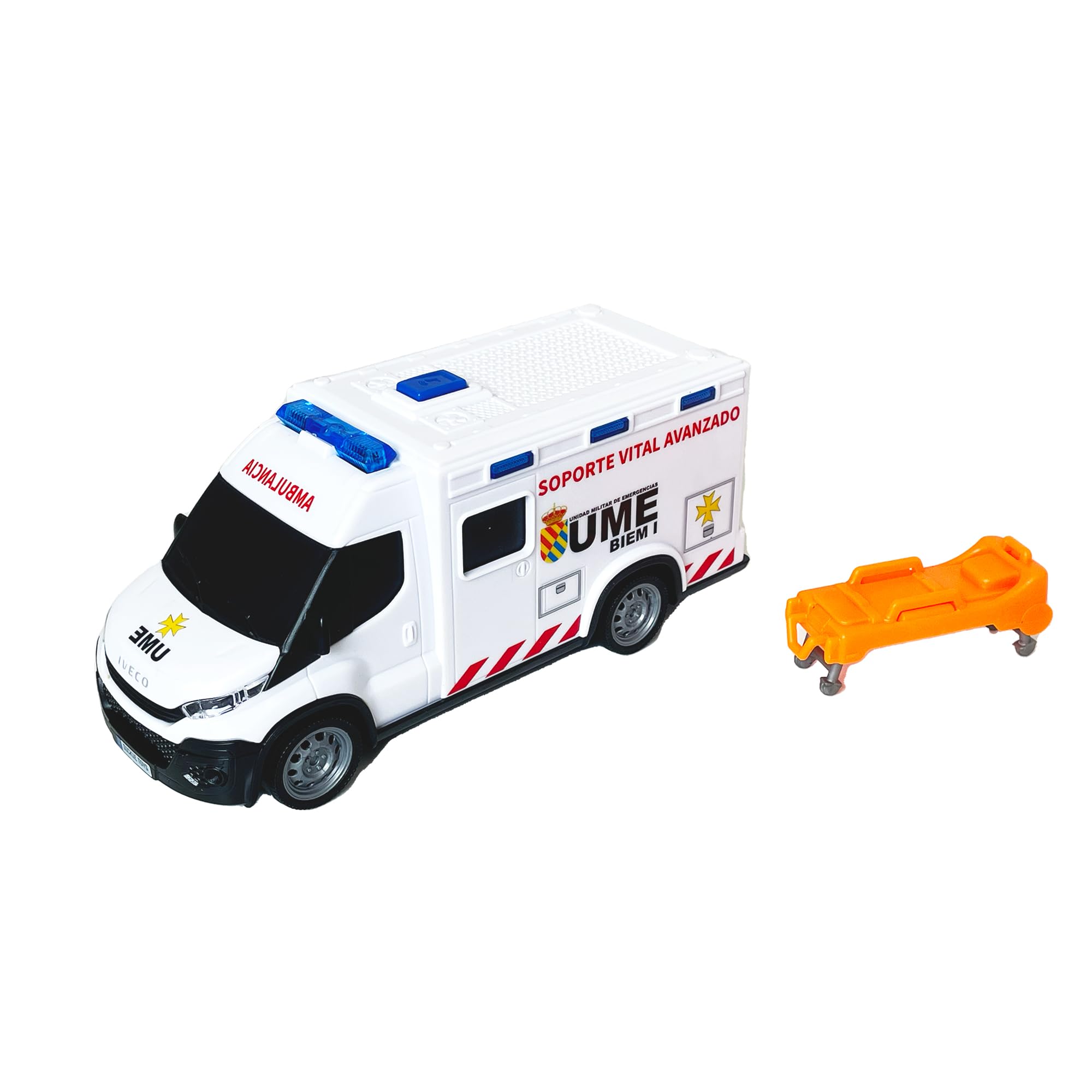 Dickie Toys - Ambulanza IVECO UME 18 cm, Ambulanza giocattolo, Luce e Suono, Ruota con Girata Libera, con Barella, Veicolo Giocattolo Bambini Ragazze a partire dai 3 anni (203713014SI5)