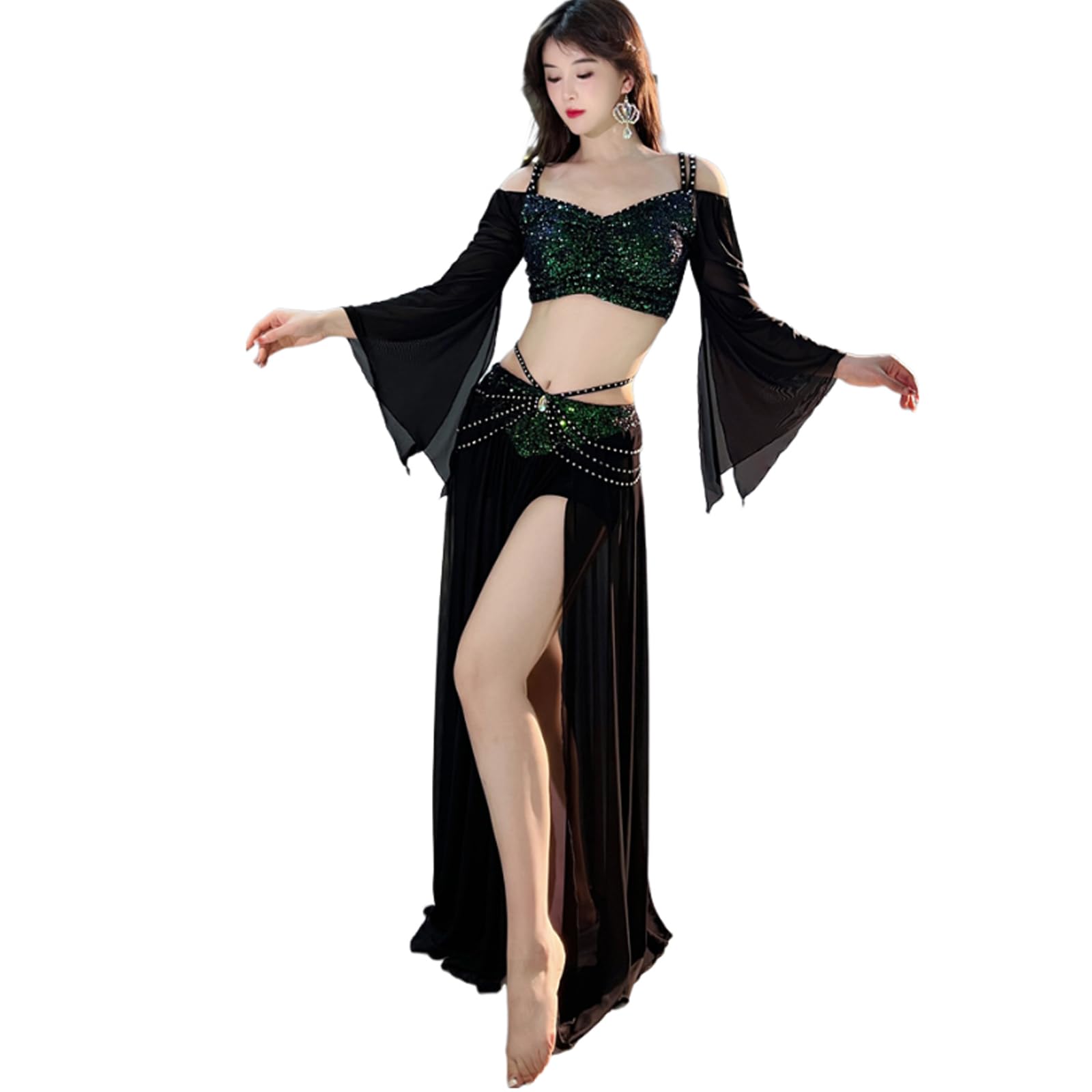 Costumi di Danza del Ventre da Donna, Top Corto con Paillettes Lucide, Gonna da Ballo con Spacco, Abiti di Danza del Ventre di Carnevale di Halloween,Nero,M