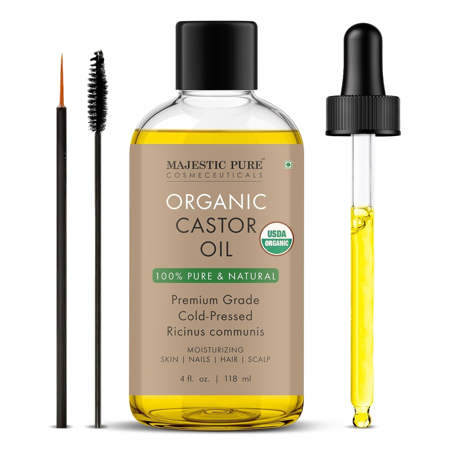 Majestic Pure USDA Organic Castor Oil | Hexane Free & 100% Pure | Cold Pressed | Stimulate Growth for Hair, Eyelashes, Eyebrows, Nails | Moisturizing & Nourishing | Body, Hair & Carrier Oil | 4 Fl Oz