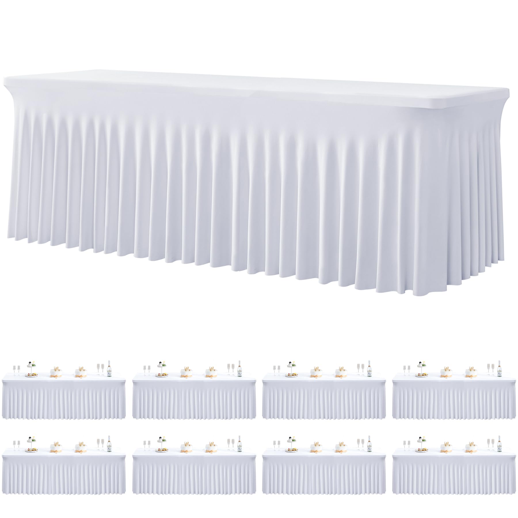 8 Pack White Spandex Tablecloths for 8 Foot Rectangle Tables, Stretchy Fitted 8FT White Table Skirt, Wrinkle Free Table Cloths for Parties Weddings Birthday Banquet Baby Shower