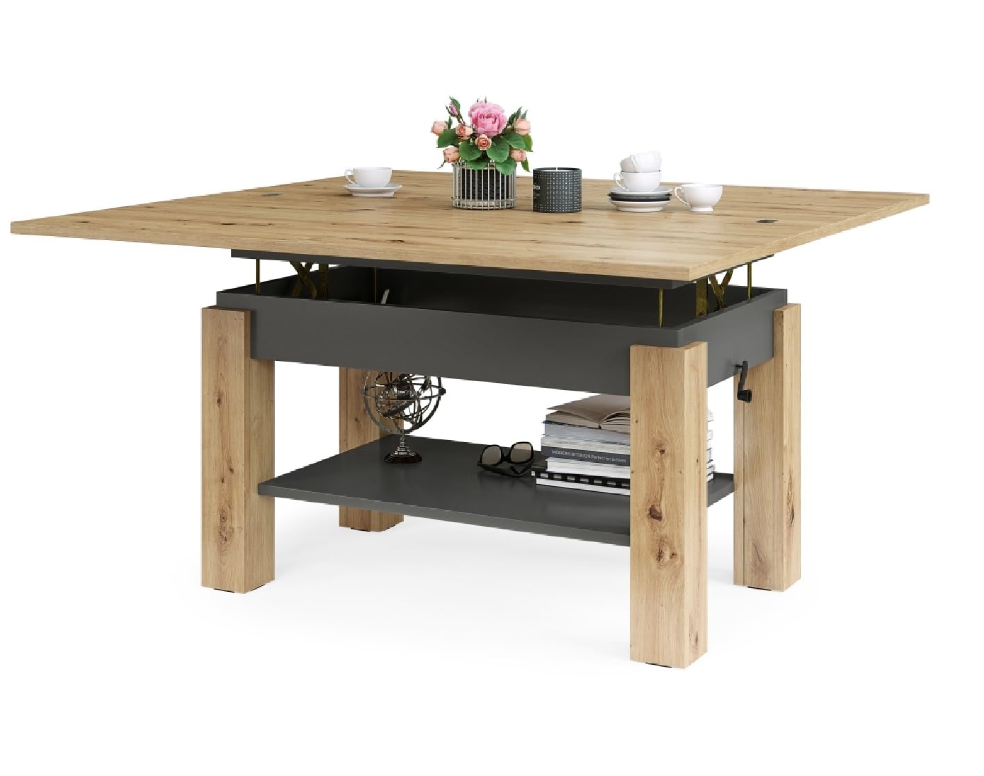 designimpex Design Couchtisch Tisch Arbeitstisch Brawo höhenverstelbar aufklappbar, Farbe:Eiche Artisan - Anthrazit matt