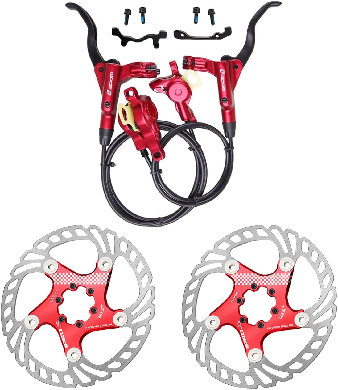 BUCKLOS MTB Hydraulic Disc Brakes Set, Mountain Bike Left Front 800mm Right Rear 1450mm Brake,with IIIPRO160mm Red Floating Disc Brake Rotor and 6PC Bolts