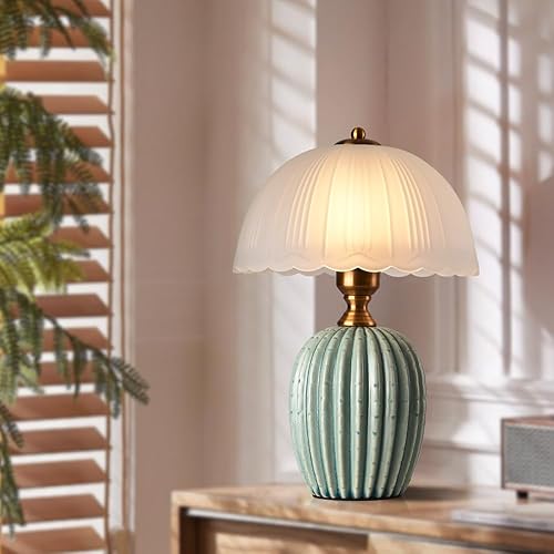 Miniatura 7 de Vintage Table Lamp, Green Ceramic Chinoiserie Lamp 14.6" Frosted White Wave-Edge Lampshade Traditional Mushroom Light Retro for Bedside Nightstand