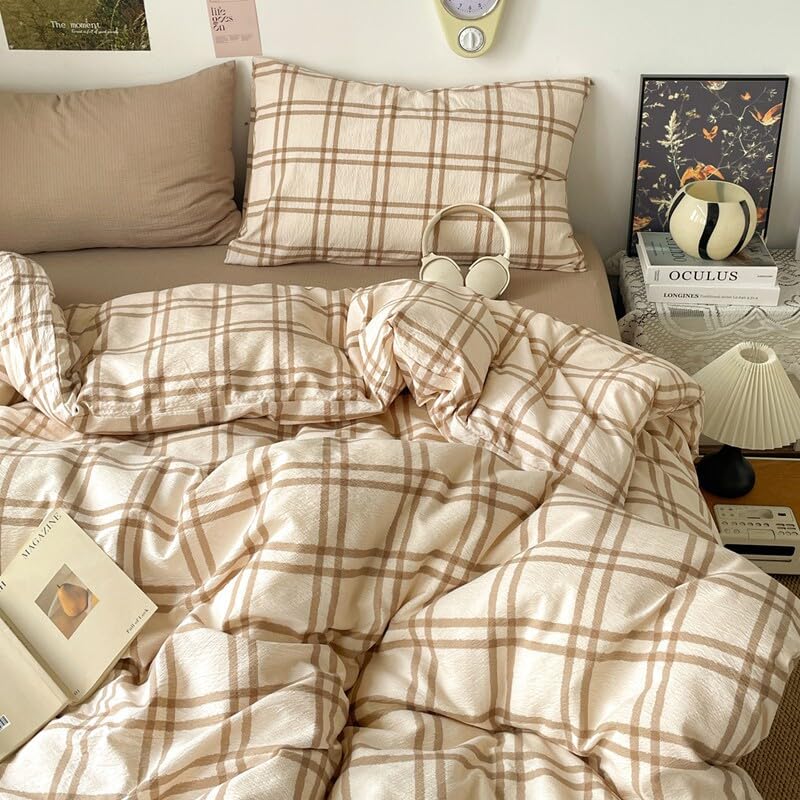 Image of Gingham Duvet Cover Set Queen Size,Beige Plaid Patterned 3Pcs Bedding Set for Kids Adults,Soft Breathable Microfiber Comforter Cover Checkered Design with Zipper Closure and 2 Pillowcases
